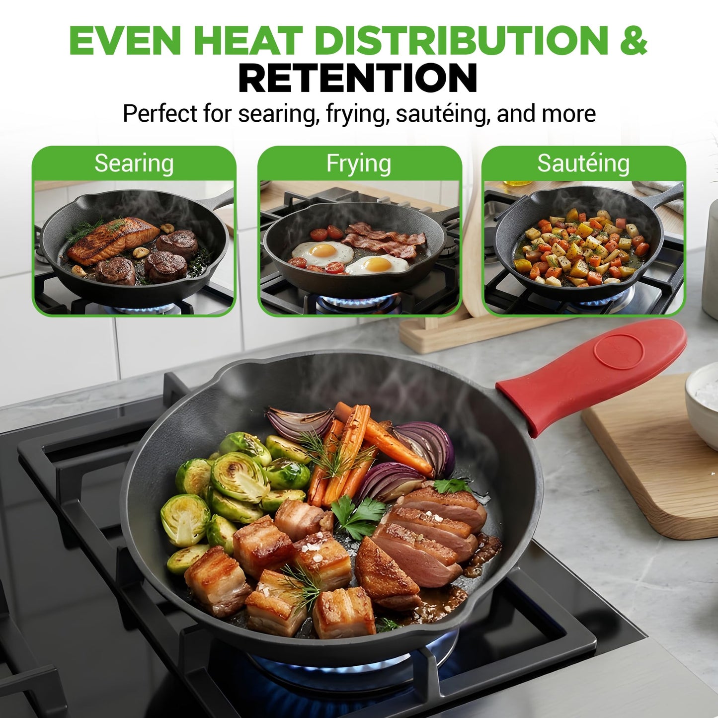 NutriChef 3pc Cast Iron Skillet Set - Nonstick Pans with Drip Spout, Silicone Handles, for All Cooktops