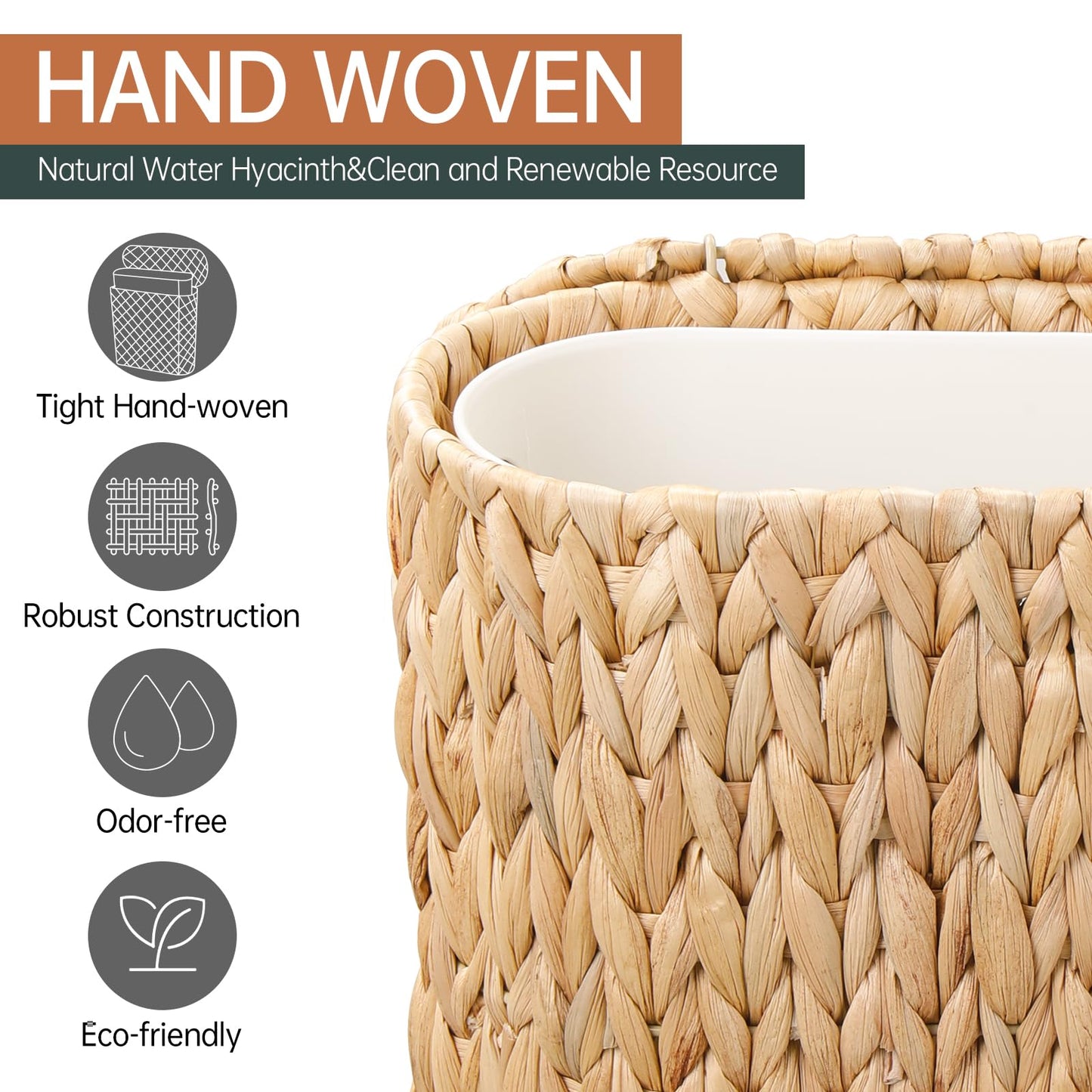 Coeusy 3 Gallon Wicker Trash Can with Lid and Liner,Small Bathroom Trash Cans,Woven Rattan Narrow Waste Basket for Bedroom,Home Office,Natural Water Hyacinth