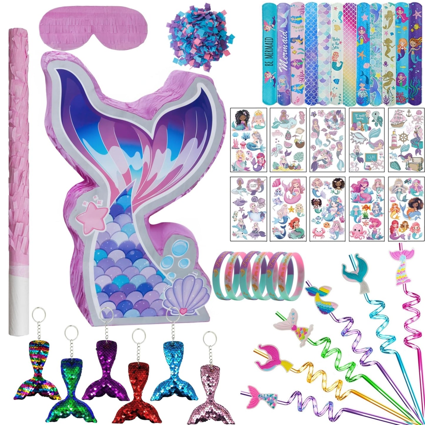 Mermaid Pinata Set for Girls Birthday Party Favors Kids Mermaid Themed Birthday Party Supplies with Mermaid Tail Pinata Stickers Slap Bracelets Keychains Silicone Bands and Straws