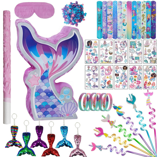 Mermaid Pinata Set for Girls Birthday Party Favors Kids Mermaid Themed Birthday Party Supplies with Mermaid Tail Pinata Stickers Slap Bracelets Keychains Silicone Bands and Straws
