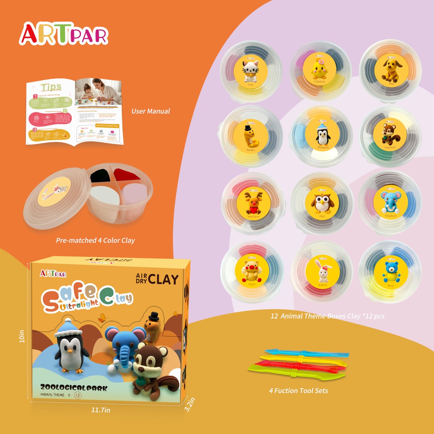 ARTPAR Air Dry Clay Kits for Kids-Modeling Magic Clay,12 Animals DIY Molding Clay Art Crafts Set,Ultra Light & Soft, Safe & Non-Toxic with Sculpting Tools & Tutorials, Unique Gifts for Boys & Girls