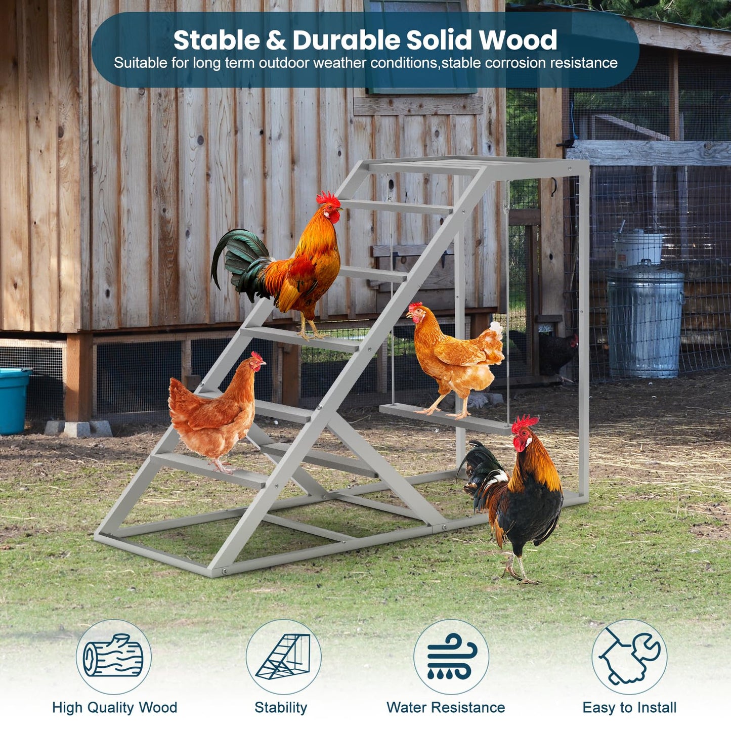 Chicken Coop Perches with Swing, Roosting Bars, Chicken Run Accessories Toy, Wooden Ladder for Pet's Healthy & Happy, Sturdy and Easy to Clean, Suitable for Backyard Farm (Half Sides)