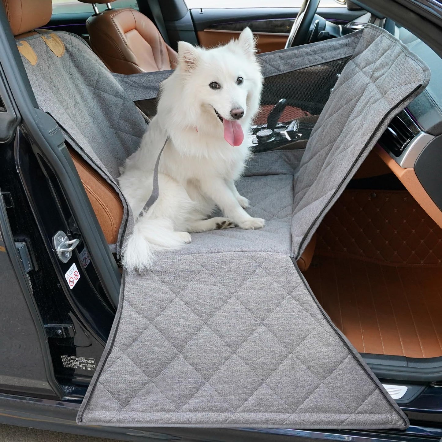 Dog Car Seat for Small/Medium Dogs with Central Console and Door Protection – Full Coverage Pet Booster Seat with Mesh Window, Zippered Side Flaps, Safety Buckle, Machine Washable, Grey Linen Fabric