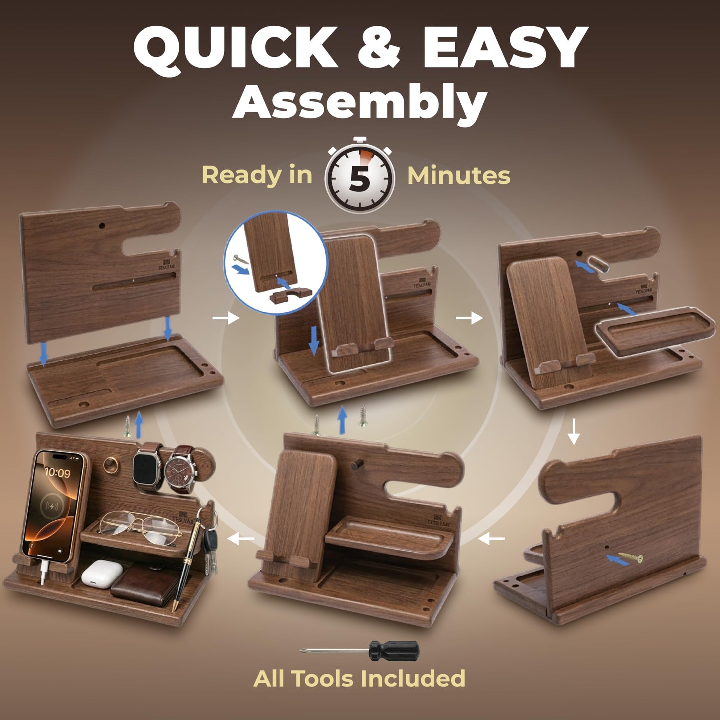 TESLYAR Wood Phone Docking Station - Gifts for Men - Desk or Nightstand Organizer - Birthday Gift for Husband, Dad - Anniversary Idea from Wife - Key Holder, Stand Wallet & Essentials (Earth Beige)
