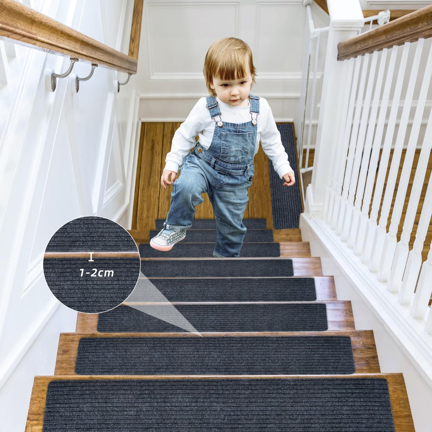 15 Sets of 8''x30 Non Slip Stair Treads Indoor,Children, Elderly, and Pets Carpet Stair Treads, Stair Runners for Wooden Steps,Reusable Adhesive Free Self-Adhesive Staircase Pad,Dark Grey