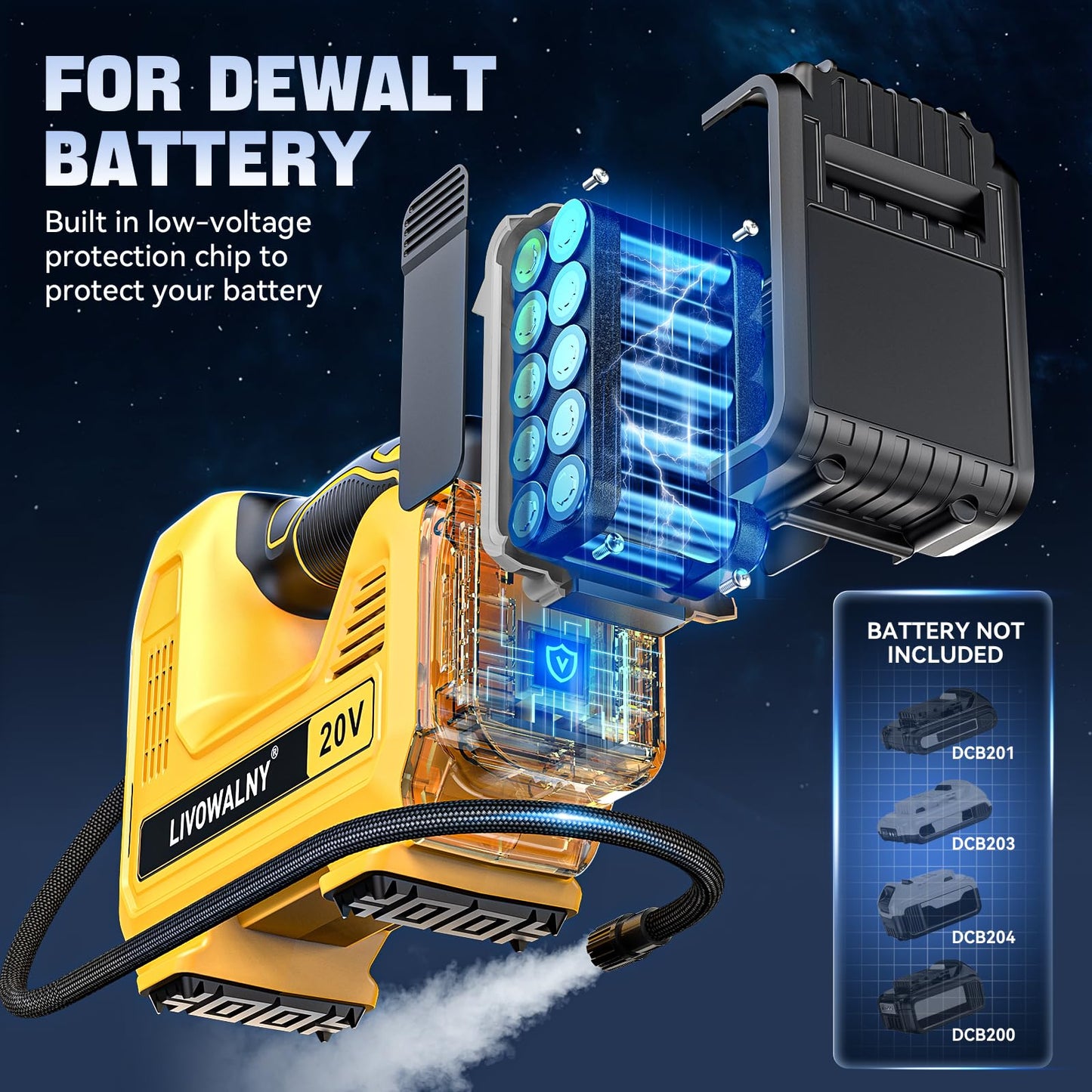 LIVOWALNY Cordless Tire Inflator Air Compressor Compatible with Dewalt 20V Max Battery, Portable Handheld Air Pump with Digital Pressure Gauge for Cars Motorcycles(Battery Not Included)