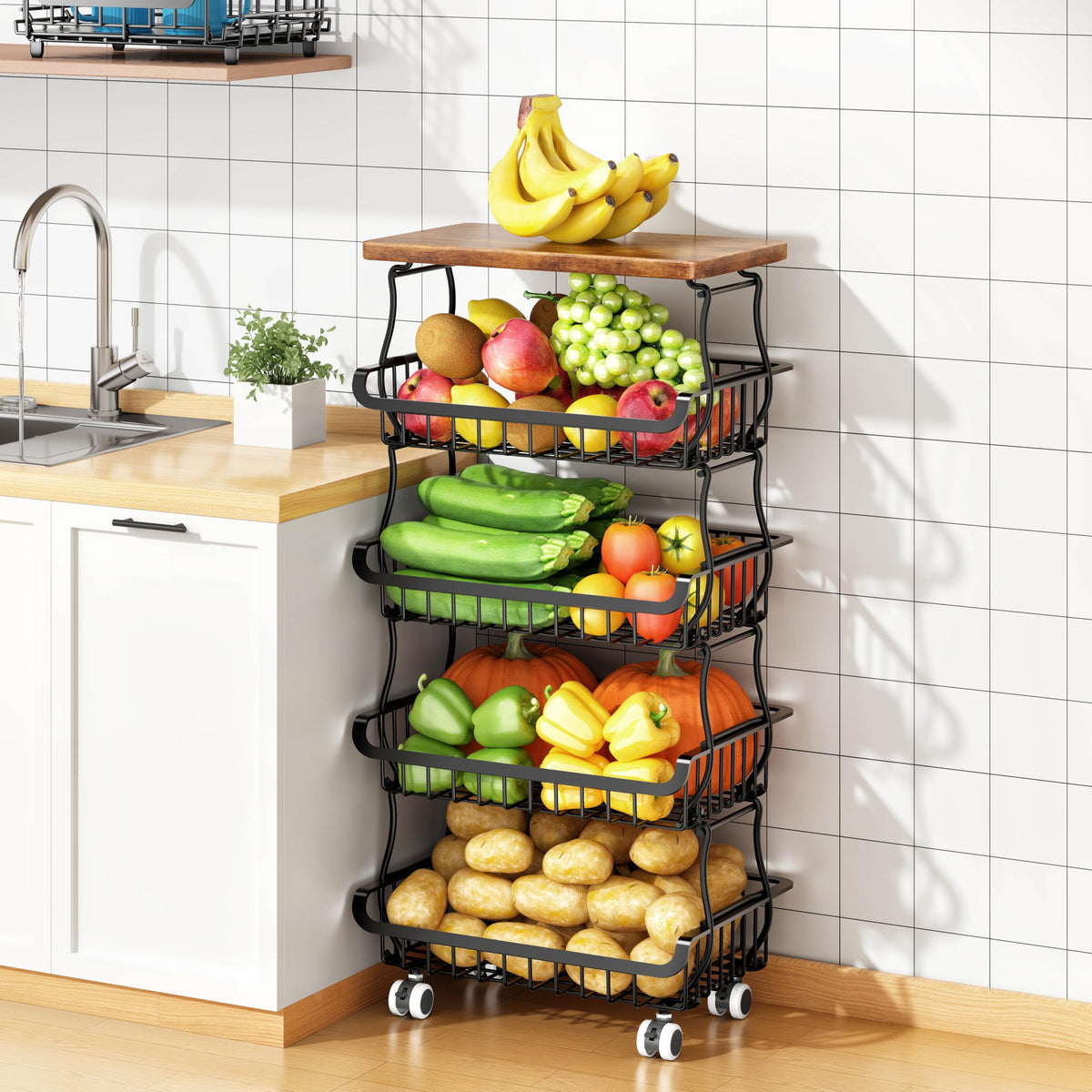 5 Tier Vegetable Fruit Basket for Kitchen, Stackable Metal Fruit and Vegetable Storage Baskets with Rolling Wheels Cart, Pantry organizers and storage for Kitchen Bathroom Livingroom Laundry room Cart