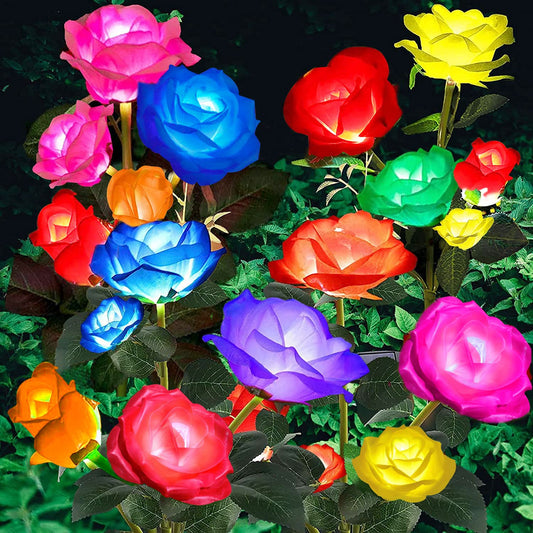 ANGMLN Solar Garden Lights Decorative, 4 Pack 7 Color Changing Rose Lights 20 Head Rose Solar Flowers for Pathway Patio Yard Party Wedding Holiday Outdoor Decoration (Red, Pink, Yellow, Blue)