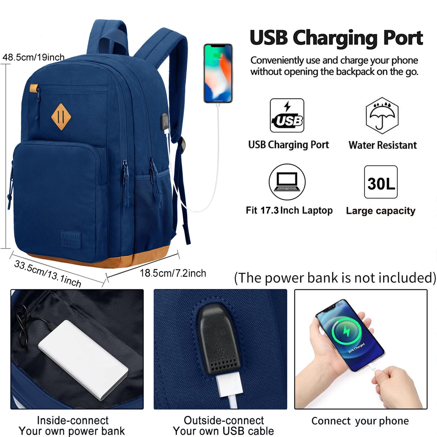 KEOFID Classic Travel Backpack for Men and Women, Anti Theft Laptop Backpack with USB Charging port, Large Bag for College(Blue and Brown, 19 Inches)