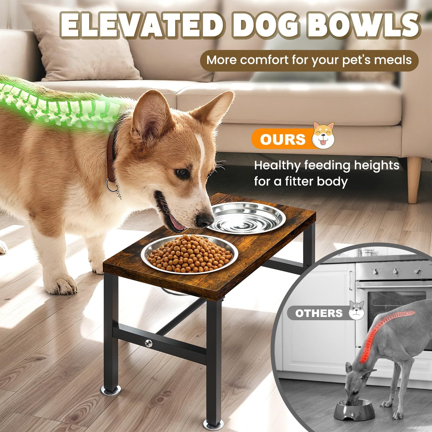 NomNest Elevated Dog Bowls, 3 Height Adjustable Raised Dog Water Food Bowl Wooden Metal Stand, 42OZ-Stainless Steel Bowls for Medium Small Dogs