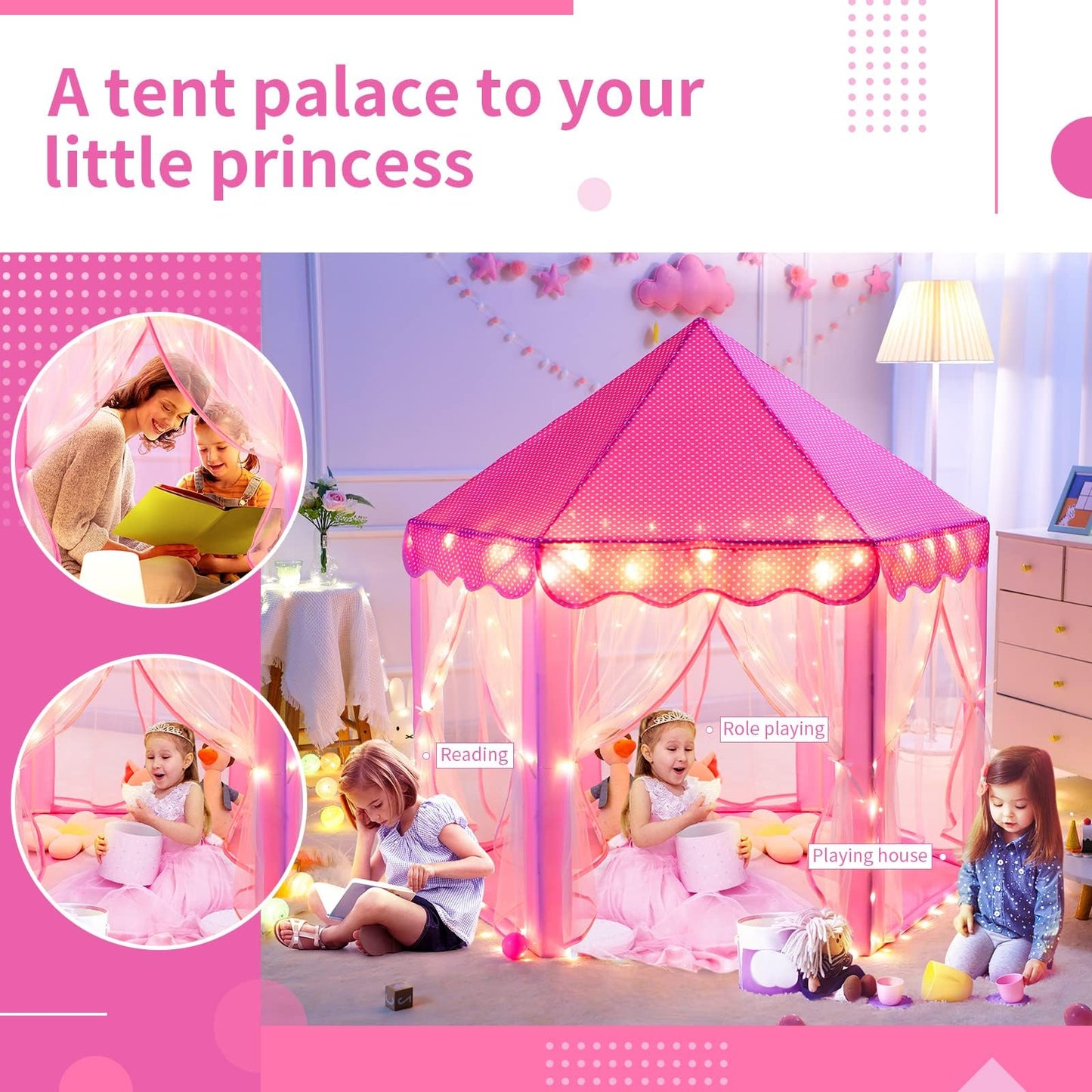 Sumbababy Princess Castle Tent for Girls Fairy Play Tents for Kids Hexagon Playhouse with Large Star Lights Toys for Children or Toddlers Indoor or Outdoor Games (Pink)