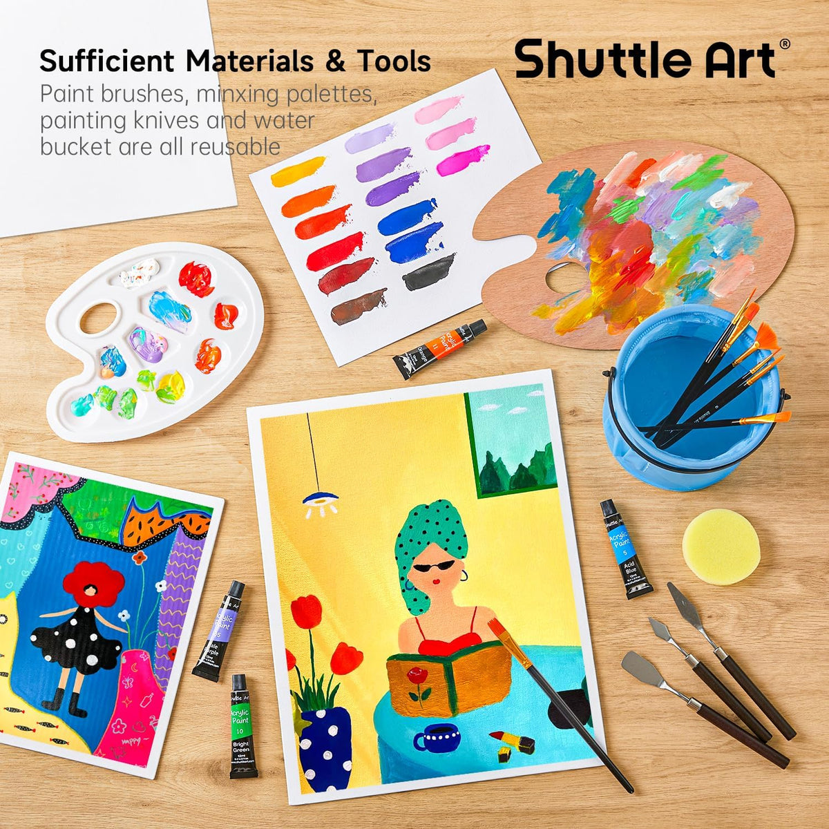 Shuttle Art 66 Pack Acrylic Paint Set, Acrylic Painting Set with 30 Colors Acrylic Paint, Wooden Easel, Painting Canvas, Paint Brushes, Palettes, Art Painting Supplies for Kids Adults Beginner Artists