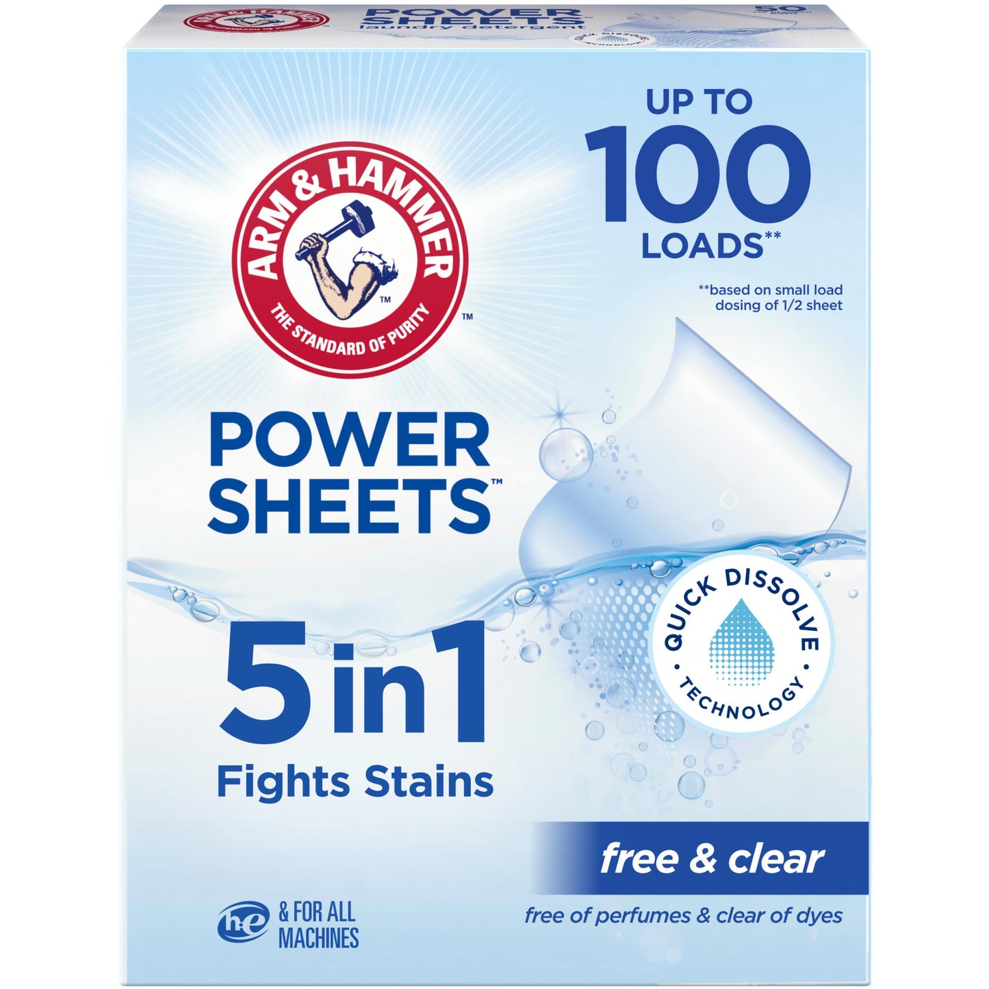 Arm & Hammer Power Sheets Laundry Detergent, Fragrance Free 50ct, 50 loads