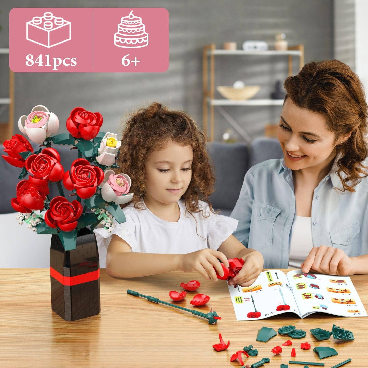 Flowers Bouquet Building Set, Roses Building Set with Vase, Home Office Creative Decoration, Valentine Day, Birthday, Christmas Ideal Gift for Kids, Adults - 841Pcs