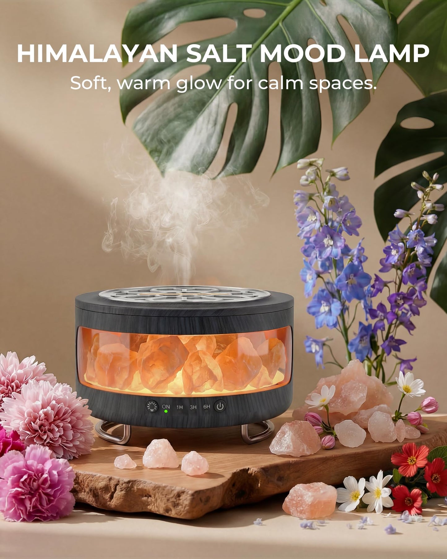 Essential Oil Diffuser with Himalayan Salt Lamp, 350ml Ultrasonic Aromatherapy Humidifier, 7 Colors LED Light, Timer & Auto Shut-Off for Home Bedroom Office Spa Yoga Black Wood Grain