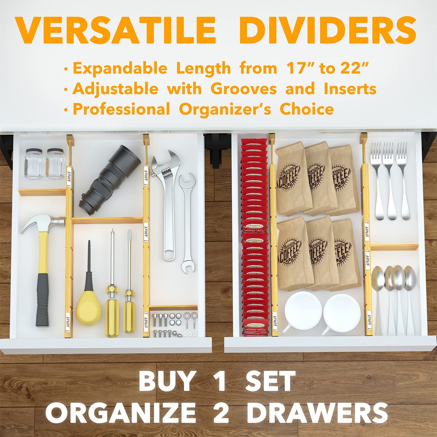 SpaceAid Bamboo Drawer Dividers with Inserts and Labels, Kitchen Cabinet Adjustable Drawer Organizers, Expandable Organization for Home, Office, Dressers, 4 Dividers with 9 Inserts (17-22 in)