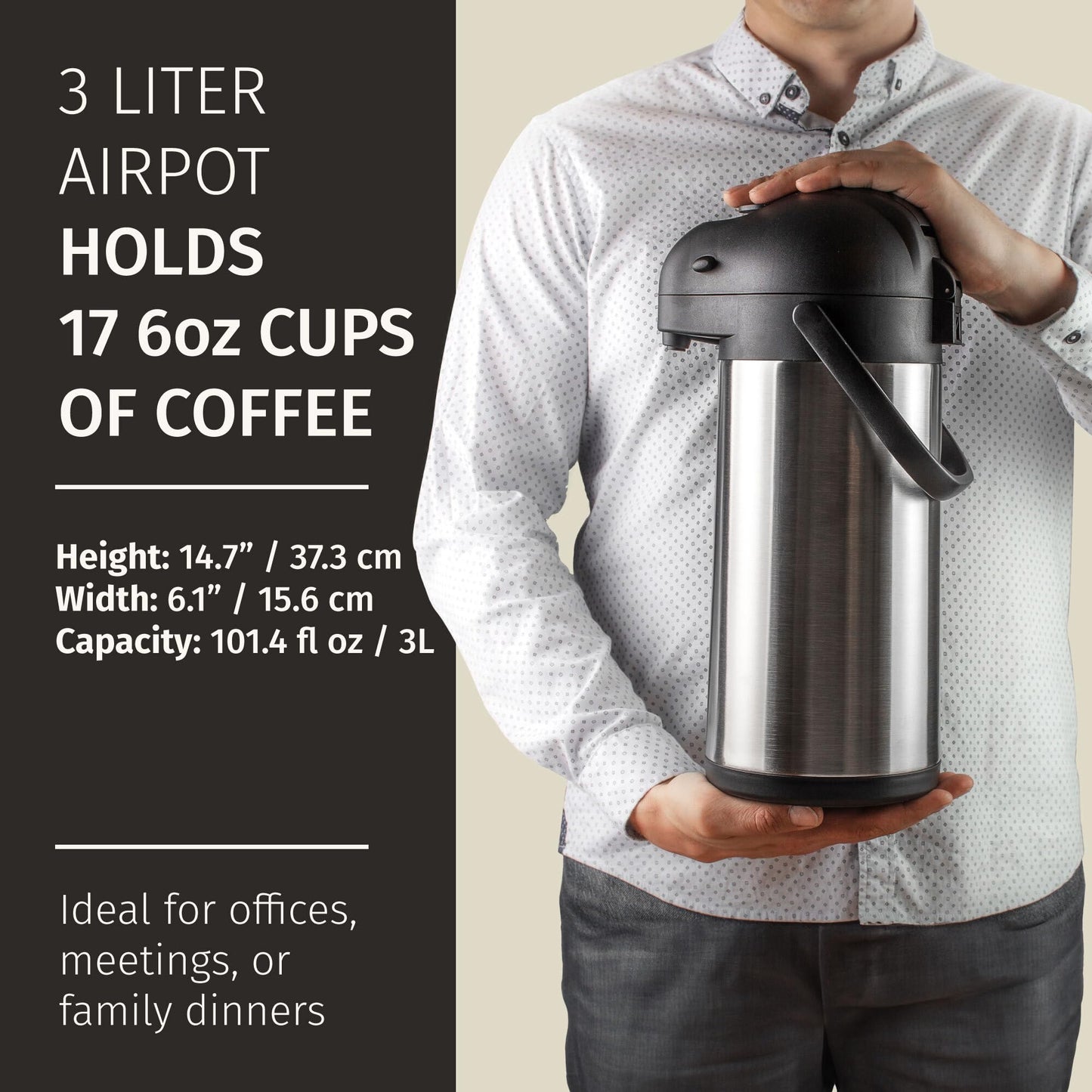 Coffee Carafe with Pump - 102oz / 3L Airpot 12 Hours Large Carafe Hot Cocoa Dispenser for Parties-Hot Water Dispenser, Tea Flask-Insulated Stainless Steel Hot Beverage Dispenser-Thermal Carafe Air Pot
