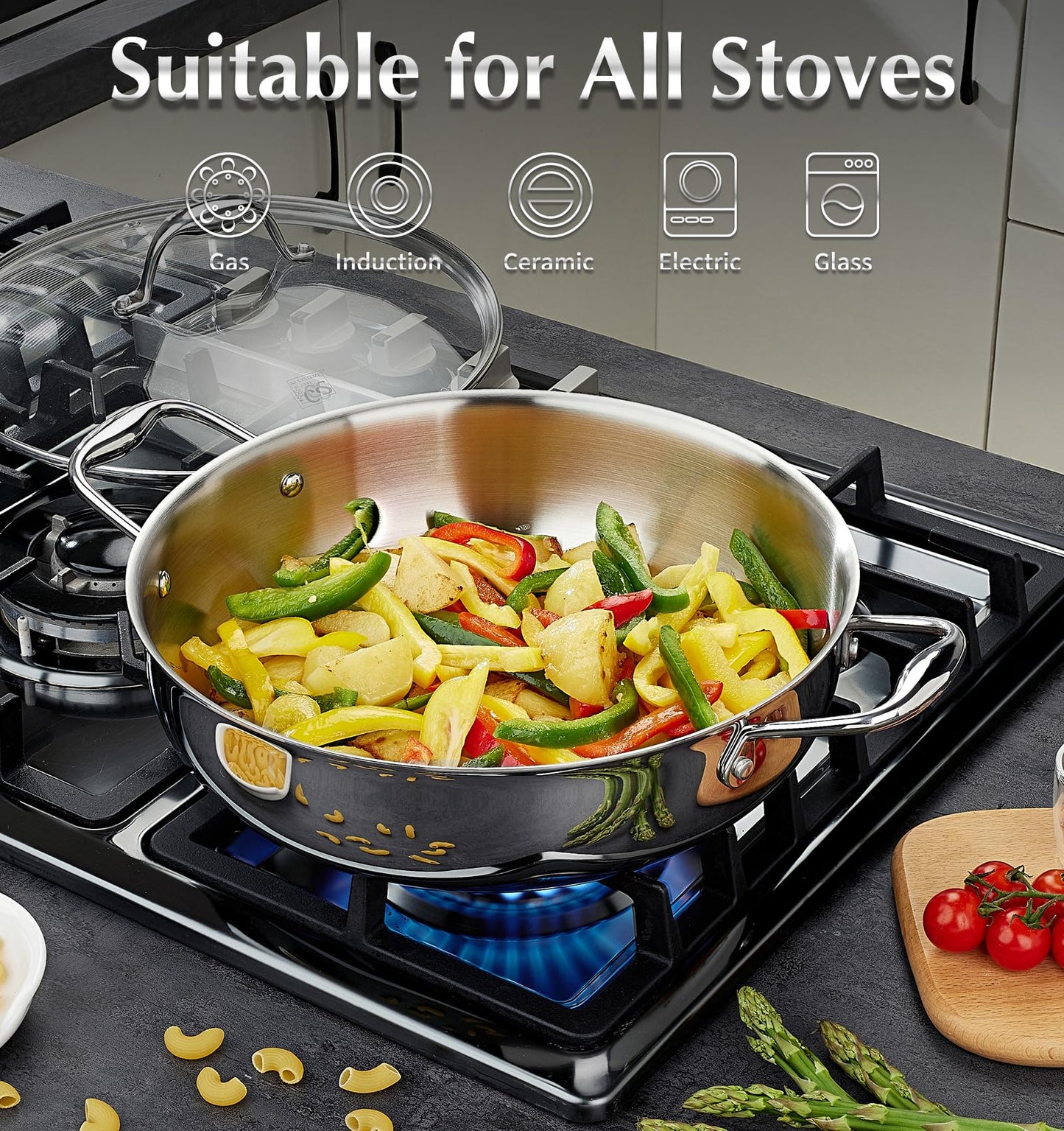 KOCH SYSTEME CS Tri-Ply Stainless Steel Saute Pan, 18/10 Stainless Steel Deep Frying Pan with Lid, Large Skillet with Double Handles, Induction Compatible, Oven Safe, Non Toxic, 6 Quart/12 Inch