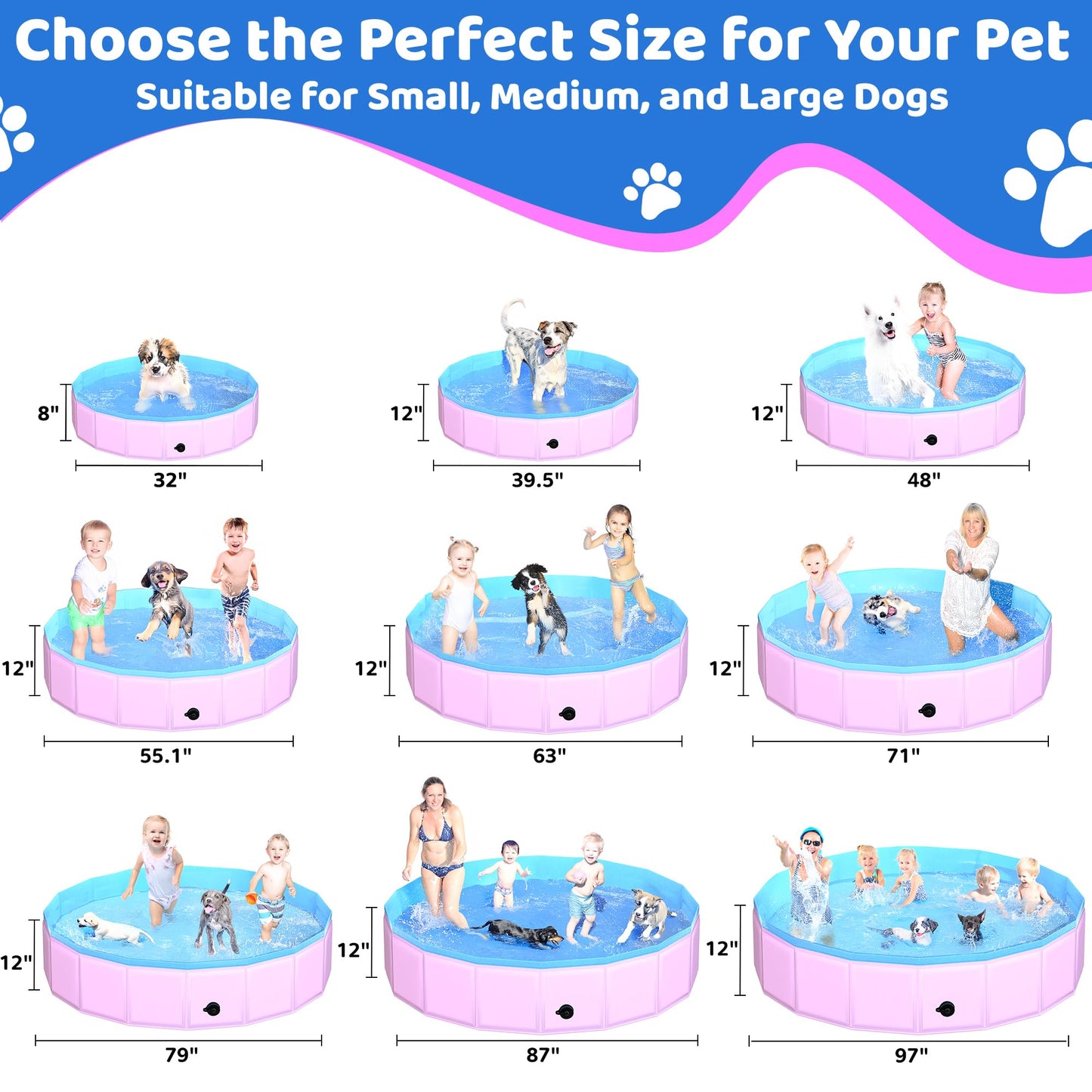 CACSPS Foldable Dog Pool, 87" x 12" Kiddie Pool with Hard Plastic, Non-Slip Dog Bath Tub for Outdoor Backyard, Collapsible Dog Swimming Pool for Kids Dogs Pets (Pink)