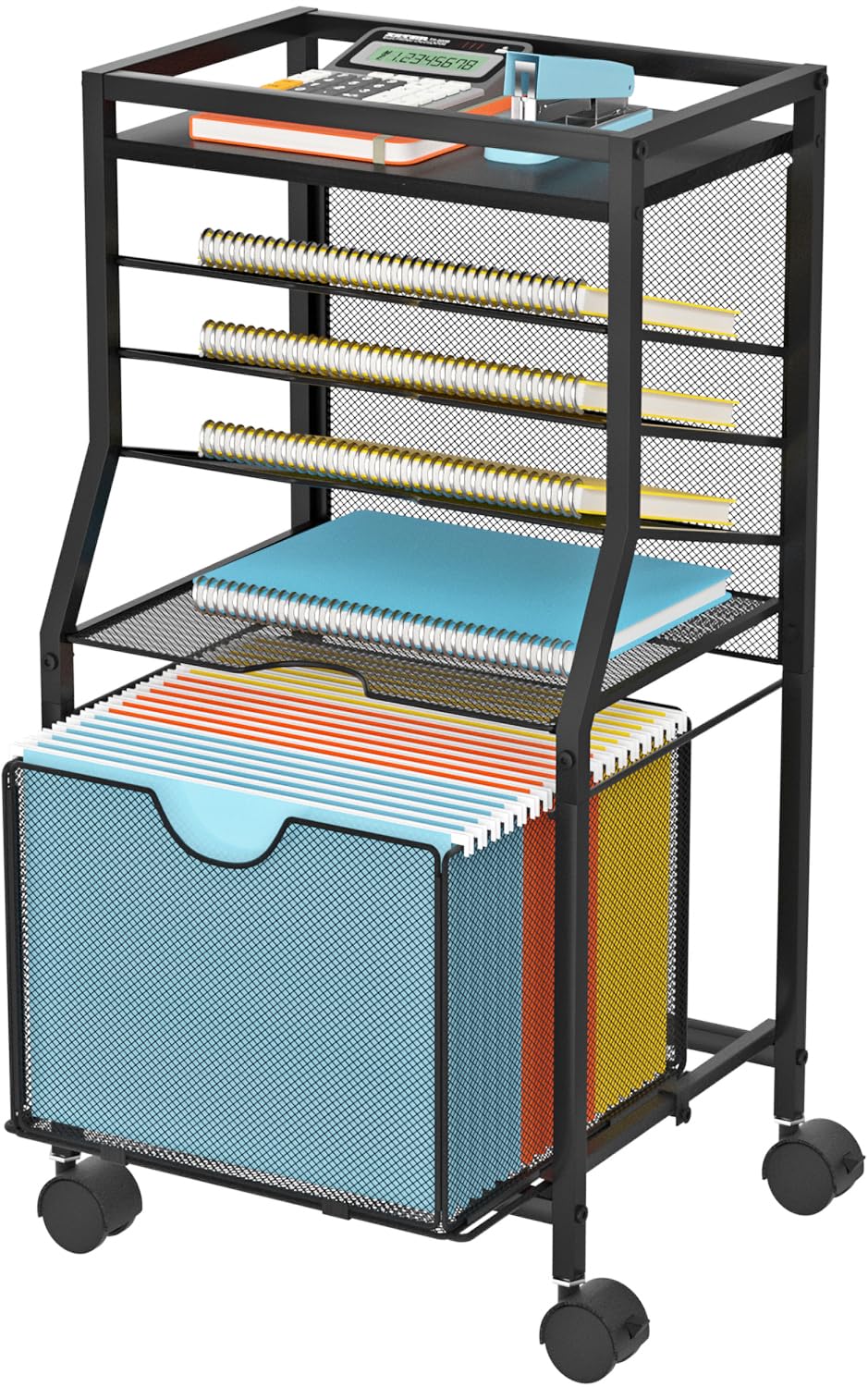 BOHDK Rolling File Cart, 6-Tier Under Desk Organizer on Lockable Wheels, Black Wood Planks & Mesh File Cart with Sliding Drawer and Paper Trays for Office Home School, Black Board