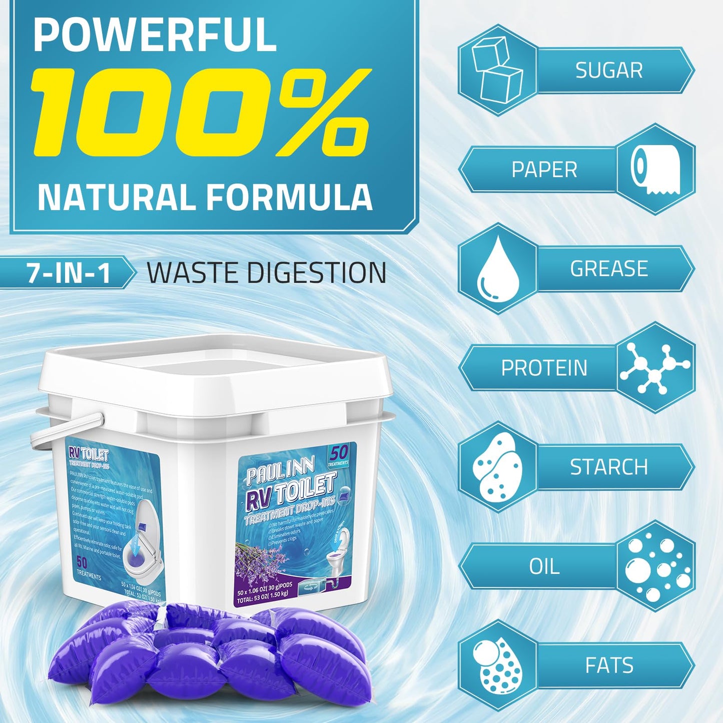 RV Toilet Treatment, 50 Packs Septic Tank Treatment Drop Ins Rv Accessories for Trailer Camper, Lavender