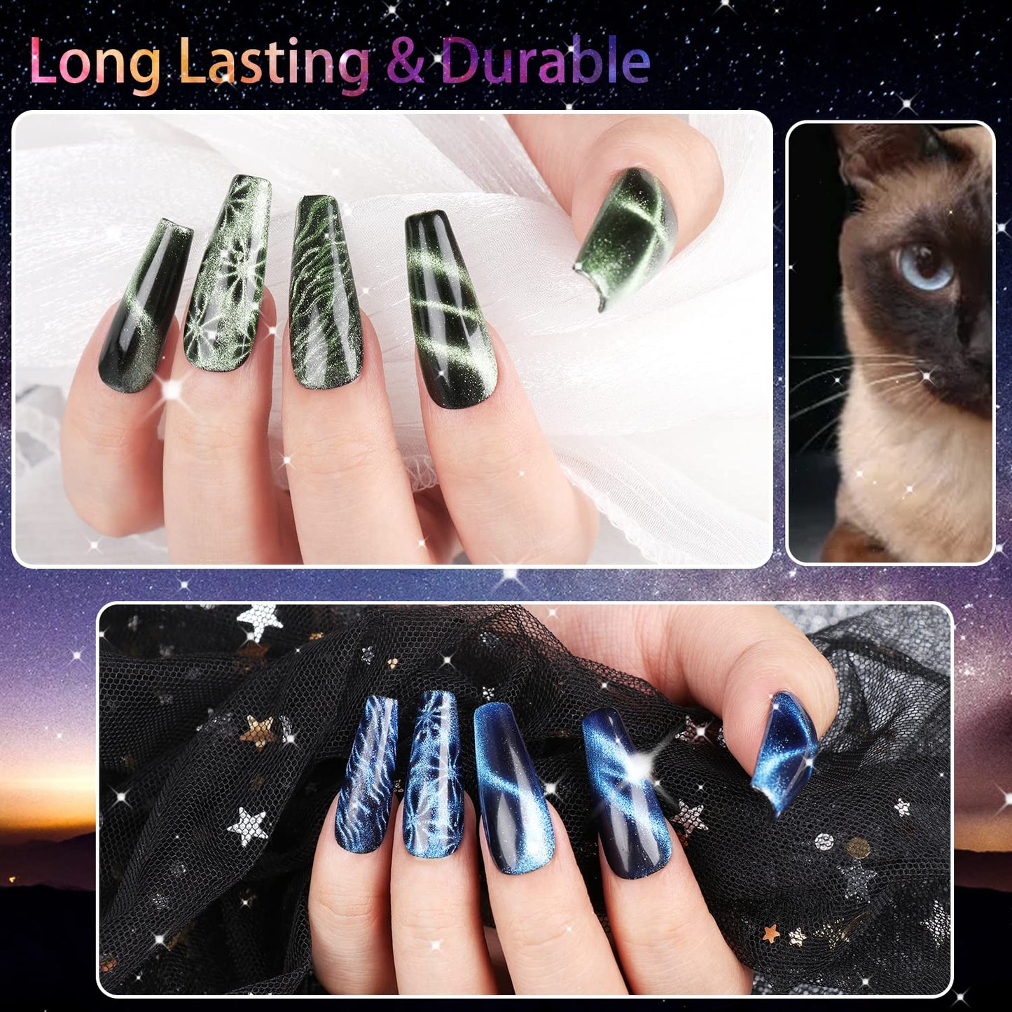 Clara Colors Cat Eye Gel Nail Polish Set of 12 Colors Magnetic Nail Polish Set Holographic Glitter 9D Galaxy Series Cat Eye Gel Polish Set with 2 Magnet Stick for Home DIY Soak Off UV LED Manicure Nail Salon