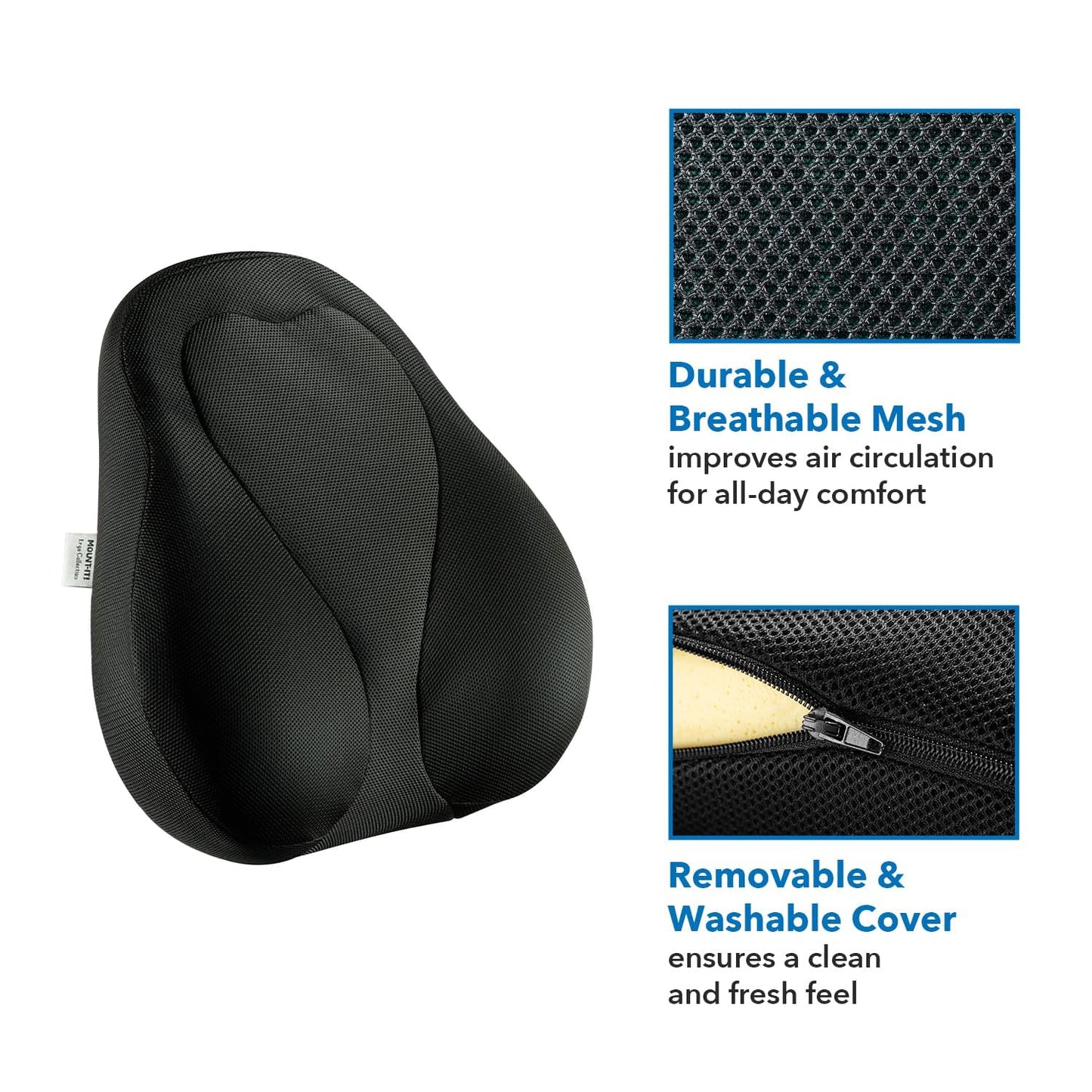Mount-It! Office Chair Cushion, Lumbar Support Pillow for Office Chair, Back Support for Work, Office, Gaming with Memory Foam Filling for Back Pain Relief, Improve Posture, Black with Washable Cover