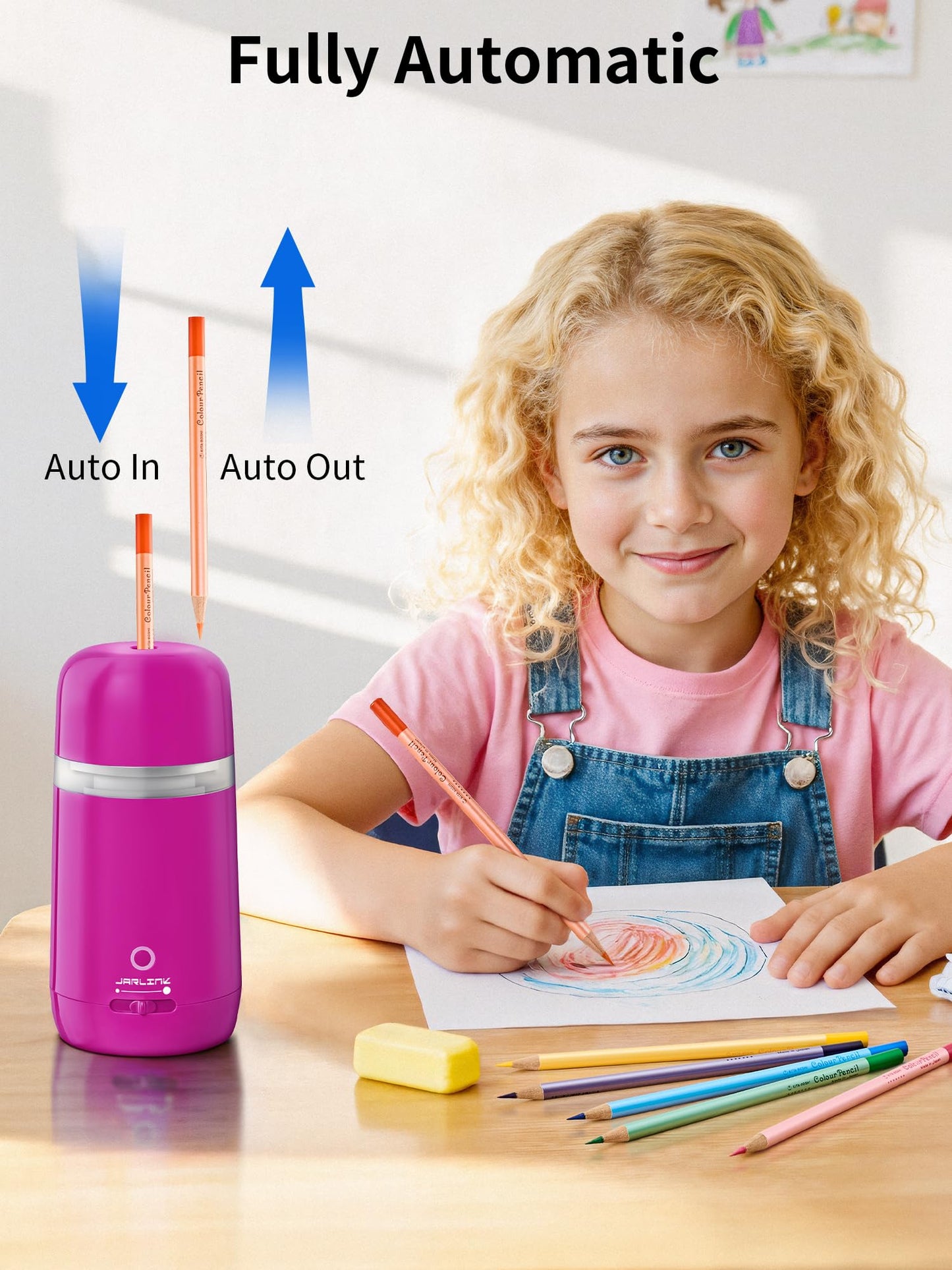 JARLINK Automatic Electric Pencil Sharpener - Hands-Free Operation, 3 Sharpness Modes, 3-Second Sharpening, Rechargeable & Portable for 7-12mm Pencils, Ideal for Classroom and Home Use (Pink)
