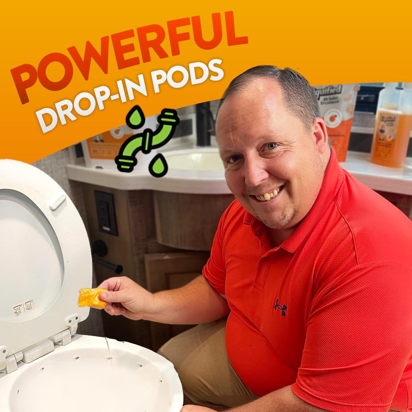 Liquified RV Toilet Treatment Drop-Ins - Prevents Tank Odors - Breaks Down Waste and Tissue - Septic Tank Safe - Matts RV Reviews - Orange Scent - 20 Treatments (20 1oz pods)