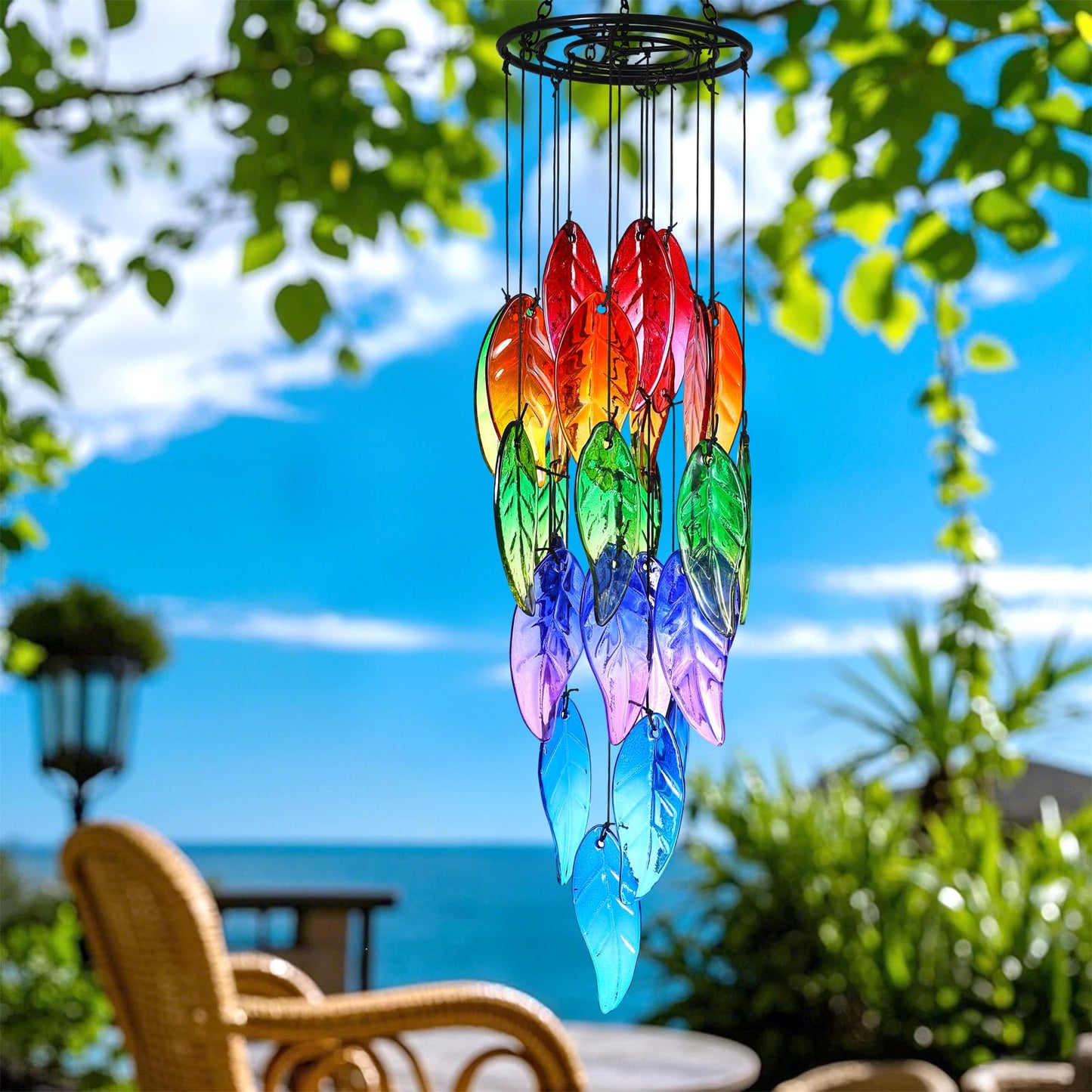 Small Sea Glass Wind Chimes for Outside, Fall Leaves Windchimes Outdoors Unique, Sea Glass Art Wind Chimes Outdoor Gifts for Women, Hanging Outdoor Garden Decor