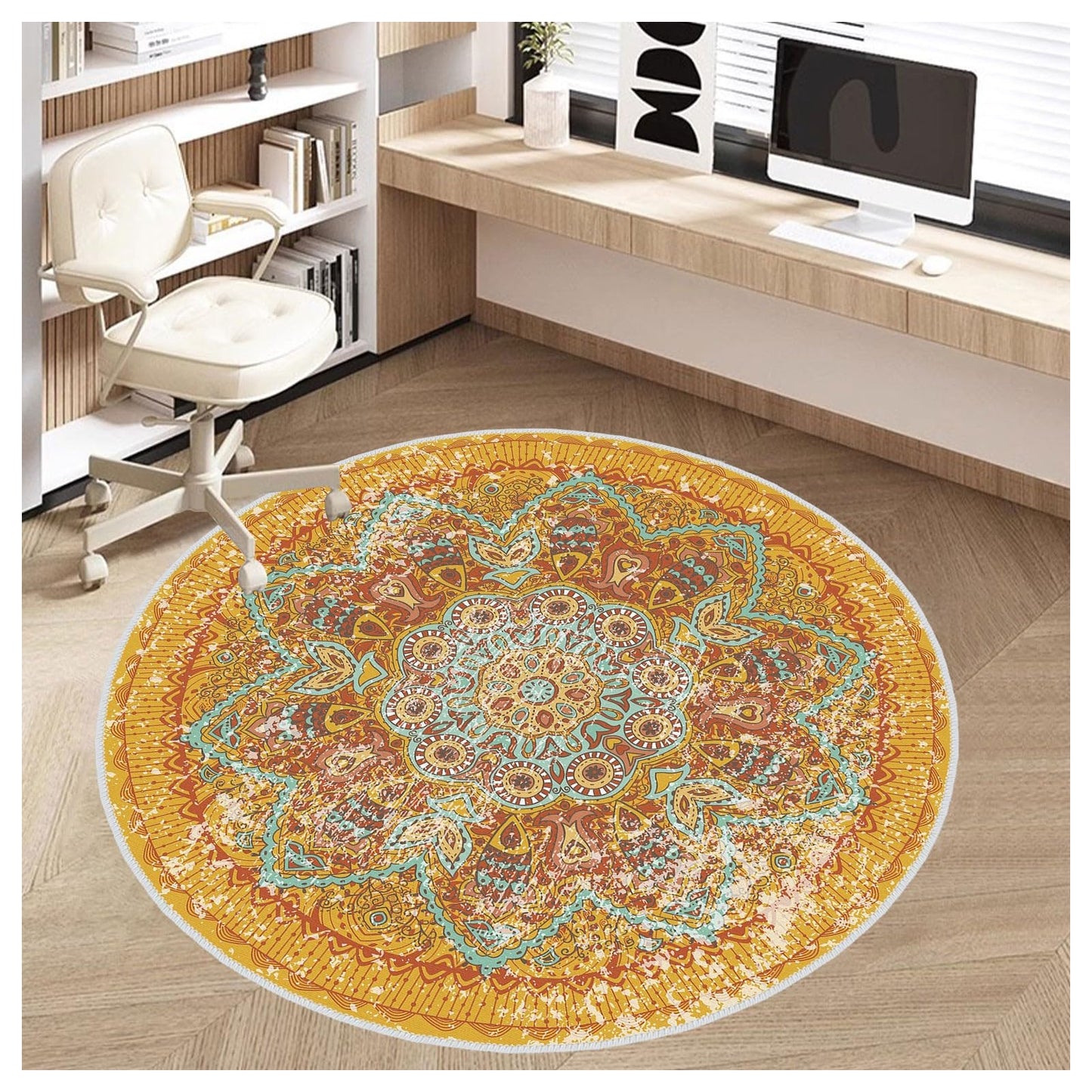 Office Chair Mat for Hardwood Floor, 120cm/48in Round Chair Rugs Floor Protectors, Desk Chair Mat for Rolling Chair, Anti-Slip Computer Chair Mat, Carpet Mats for Home Office(Yellow)