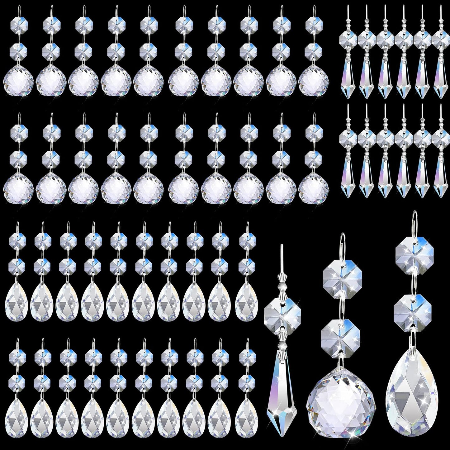 Worldity 60 Pack Chandelier Crystals Replacement, 40mm 20mm 13mm Prism Crystal Ball, Crystal Prisms for Chandeliers, Clear Crystals for Suncatchers Wedding Lamp Windows Christmas Tree Decoration