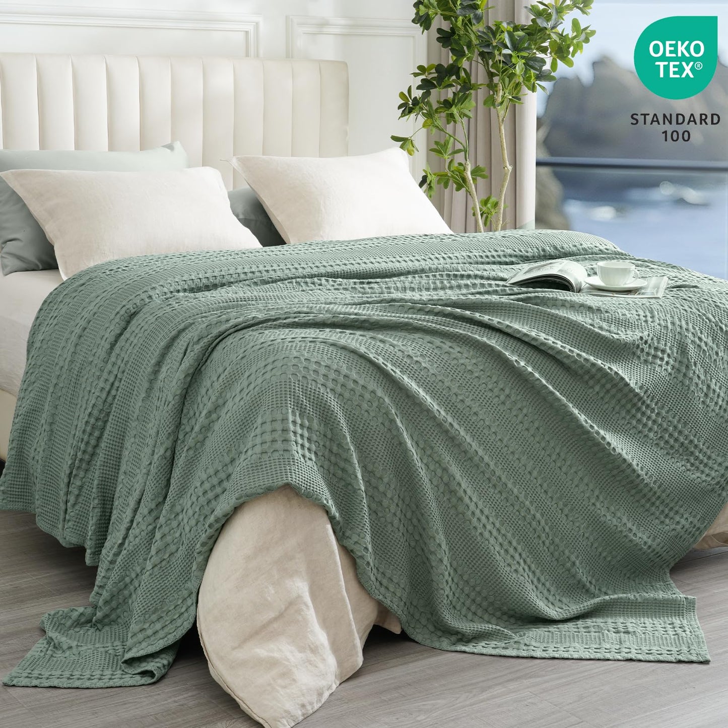 PHF Cooling Waffle Blanket King Size, Lightweight 60% Rayon Derived from Bamboo & 40% Cotton Breathable Summer Blanket for Hot Sleepers, Soft and Luxury for Bed Couch and Sofa, 104"x90", Sage Green