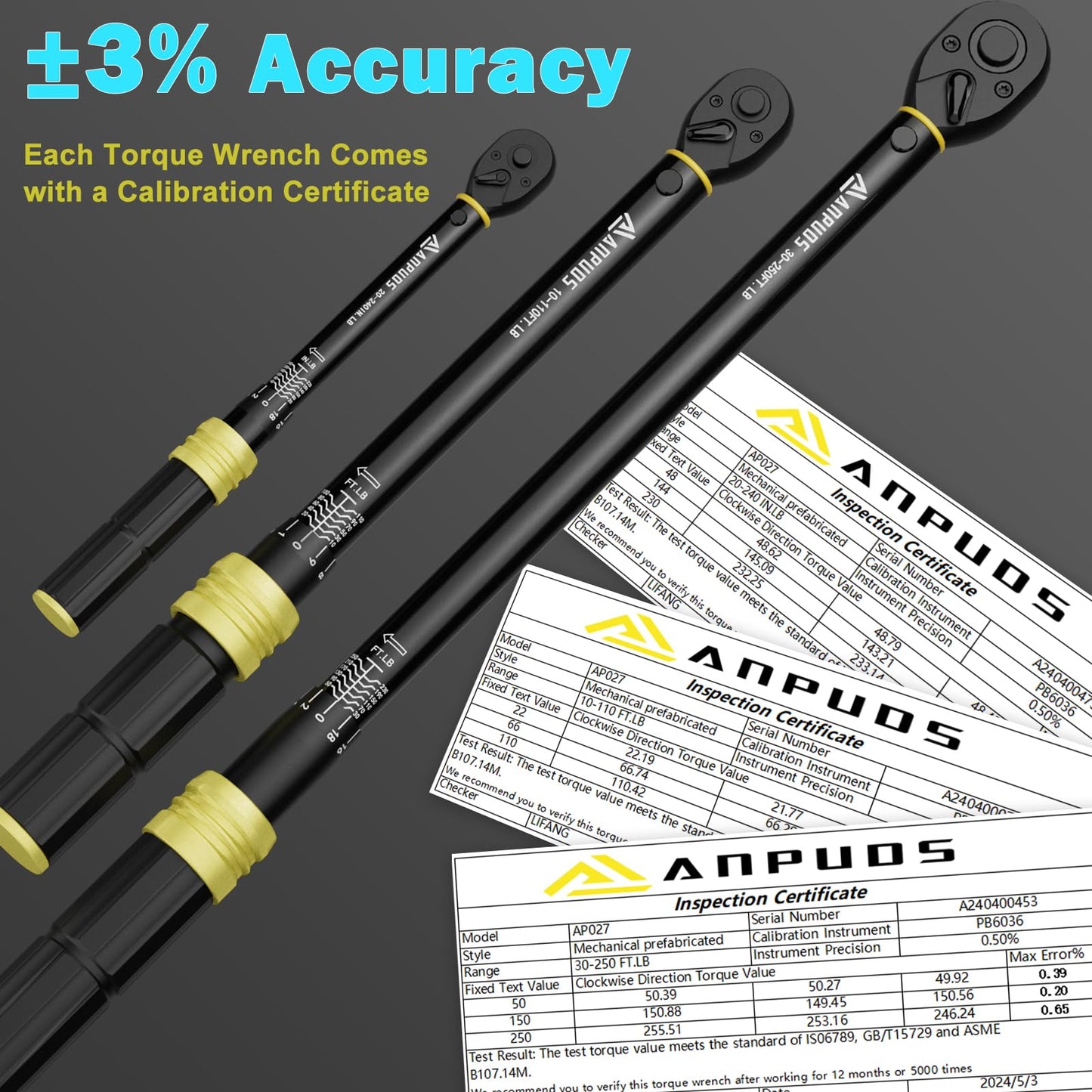 ANPUDS 1/4 3/8 1/2-inch Drive Torque Wrench, 5 Pcs Click Torque Wrench Set, 20-240in.lb, 10-110＋30-250Ft.lb with 2 Adapters, Dual-Direction, 72-Tooth, Dual Range Scales for Bike, Motorcycle, Car