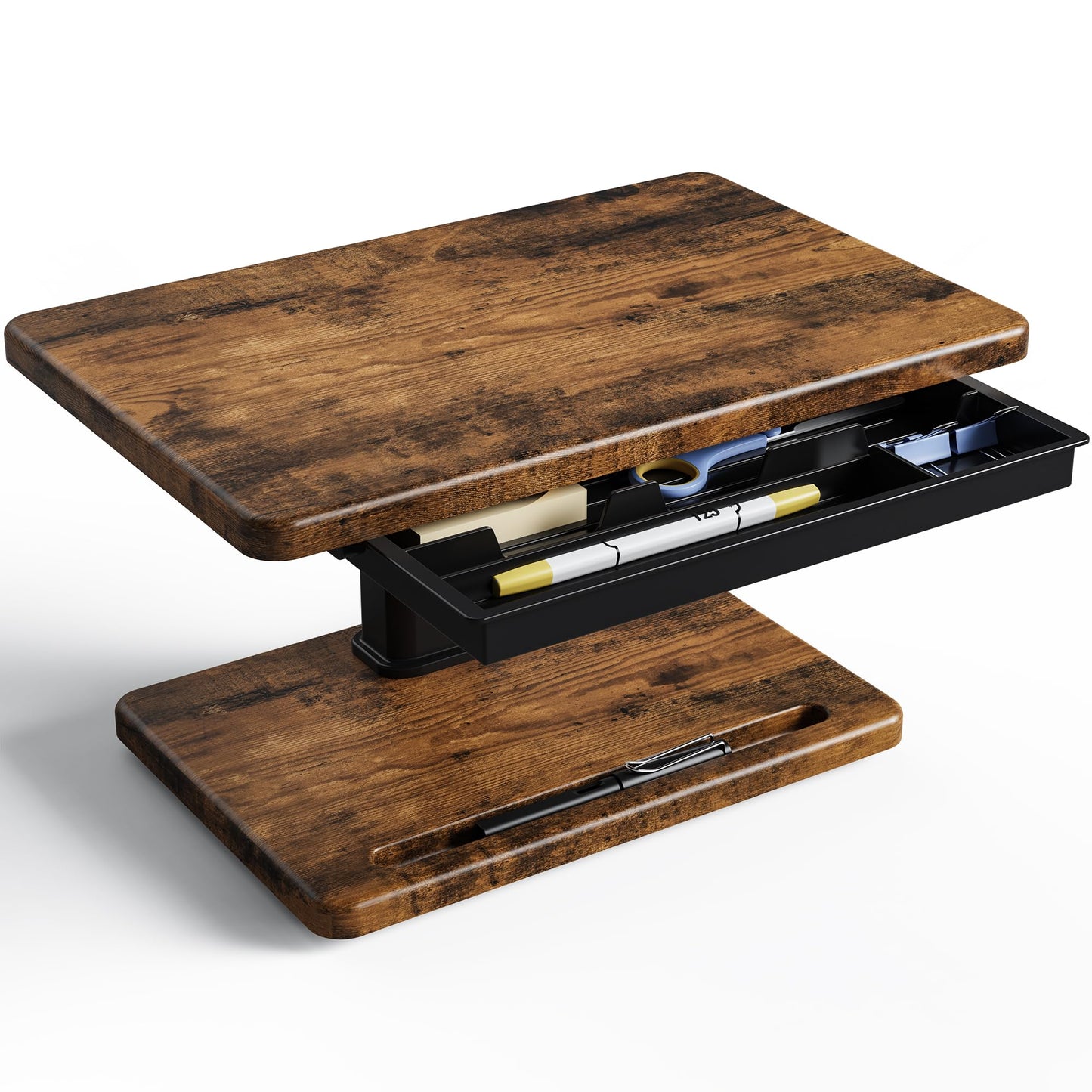Fydeamer Adjustable Monitor Stand with Storage Drawer - Wooden Monitor Riser for Desk, Ergonomic Computer Stand for Laptop PC, Height Adjustable from 5.9 to 8.07 Inches, Walnut