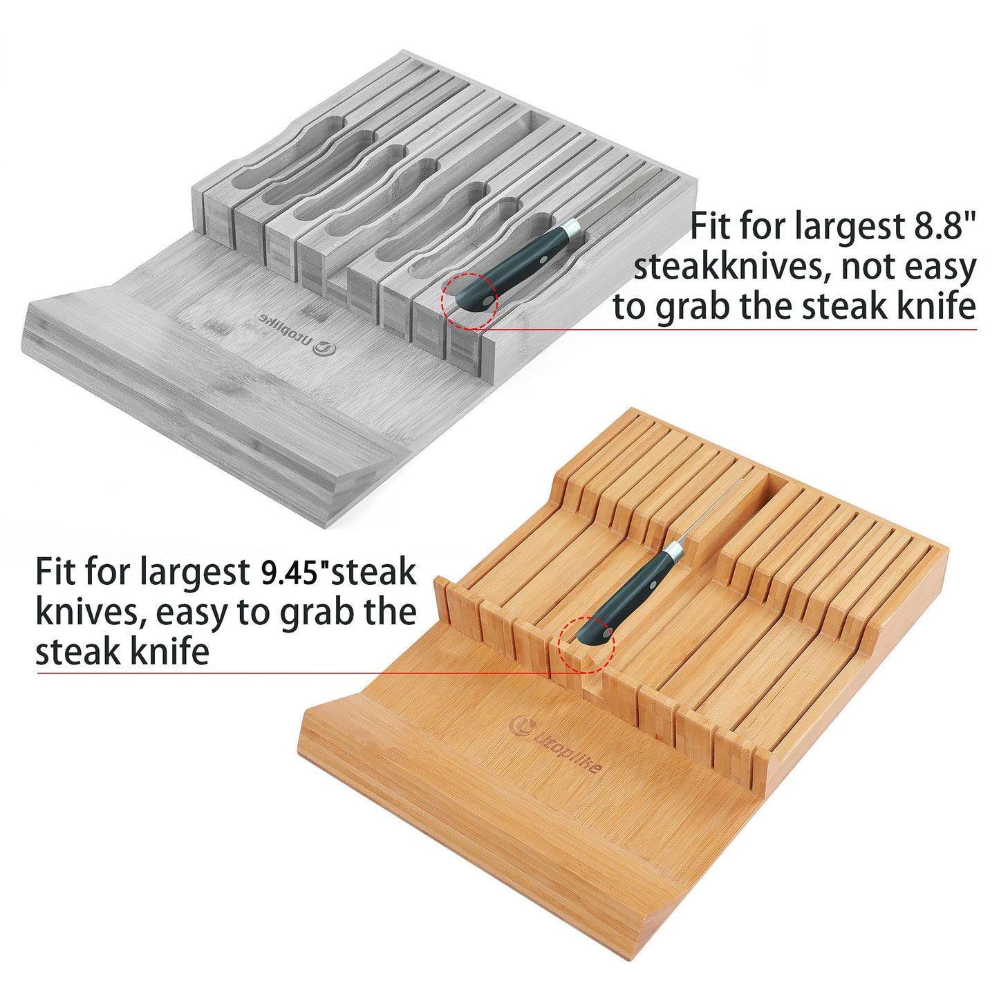 Utoplike in-Drawer Knife Block Bamboo Kitchen Knife Drawer Organizer,Large Handle Steak Knife Holder Without Knives, fit for 16 Knives and 1 Sharpening Steel (16 Knife Organizer)
