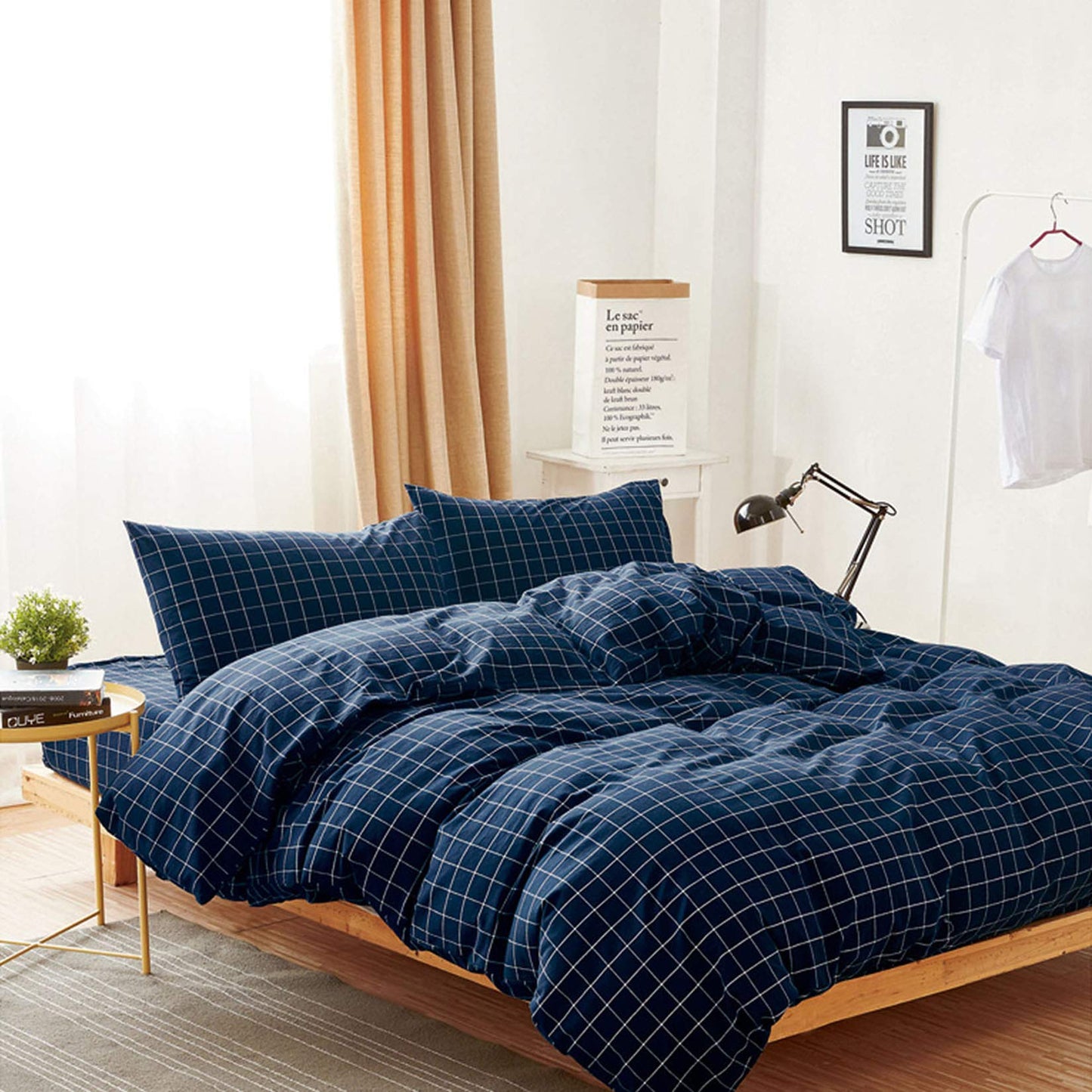 Wake In Cloud - Grid Duvet Cover Set, 100% Washed Cotton Checkered Plaid Farmhouse Check Gingham Geometric Beddings with Zipper Closure, 3 Pieces, Navy Blue, Queen Size