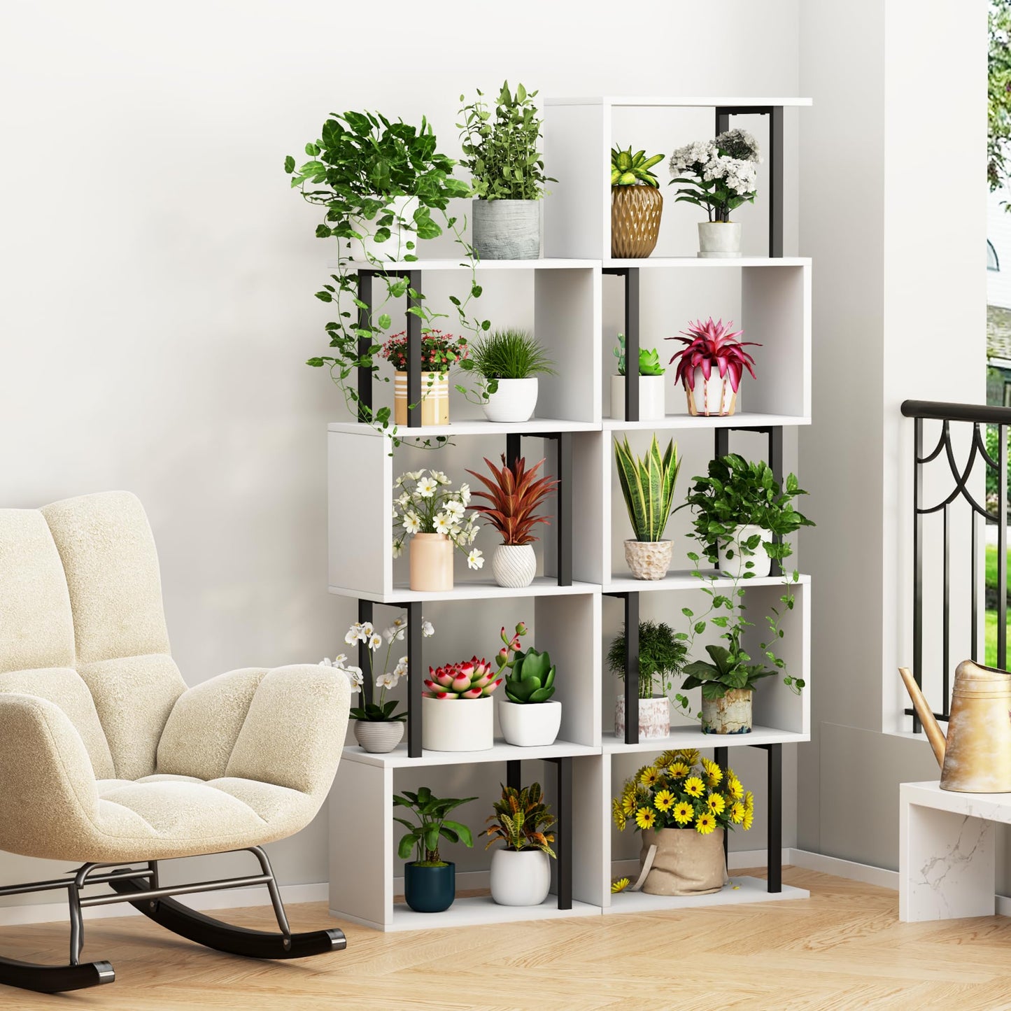 Gadroad 5-Tier Bookshelf, Narrow S-Shaped Geometric Bookcase, Wood Decorative Storage Shelving, Modern Freestanding Display Shelves, Book Shelf Unit for Living Room Bedroom Home Office, White