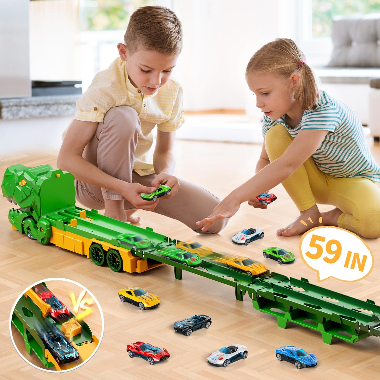 Ci vetch Dinosaur Race Track Toys for Ages 3-4 4-6, 59-inches Transport Dinosaur Truck with 12 Die-cast Cars, Carrier Truck Toy Birthday Gifts Toys for 3 4 5 6 Year Old Boy
