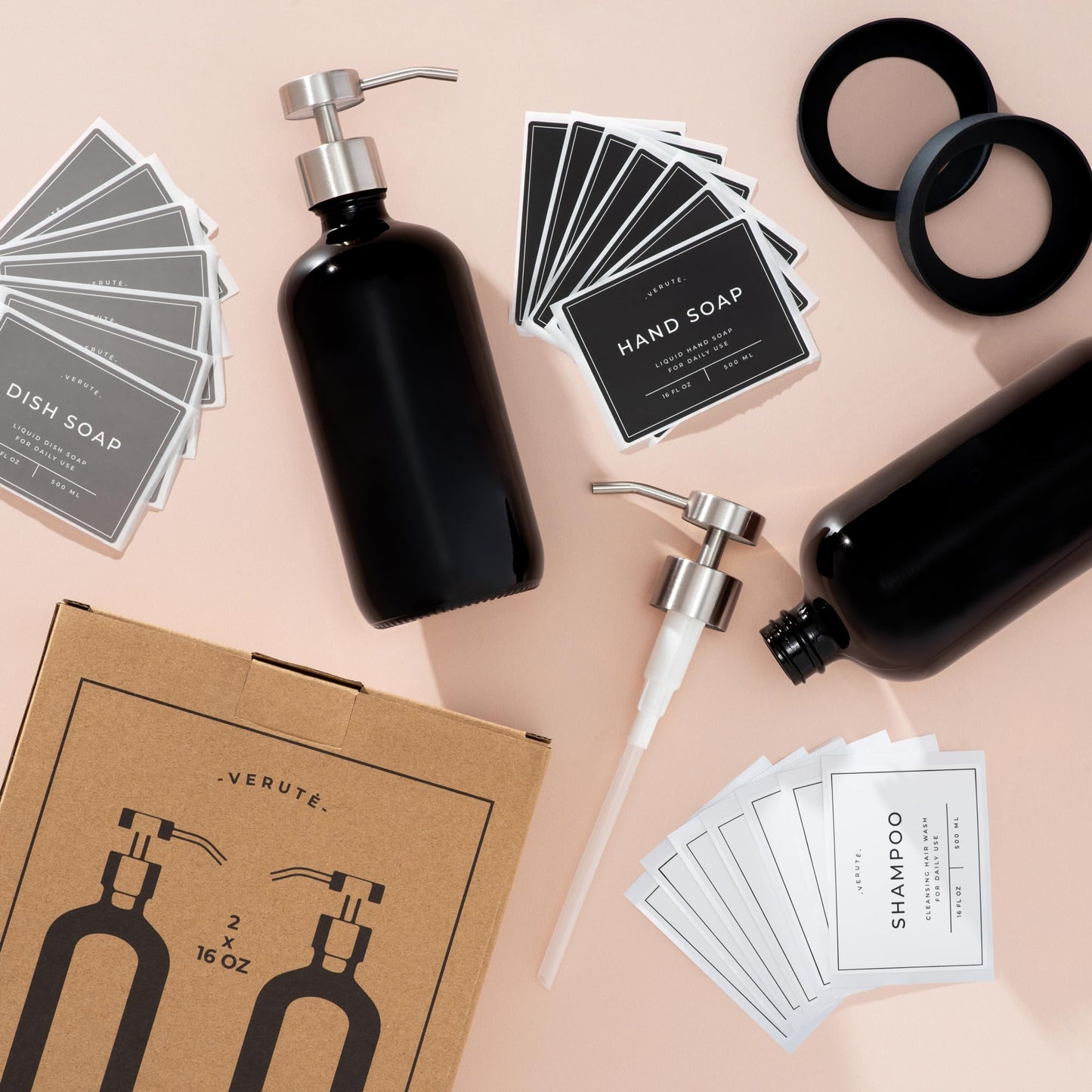 Verute 500ml Glass Soap Dispenser with Stainless Steel Pump, 21 Waterproof Labels, Non-Slip Protective Silicone Pad, Set of 2 for Bathroom & Kitchen (Gloss Black Bottle/Brushed Silver Pump)