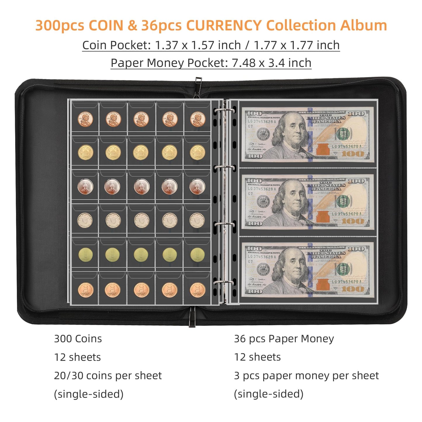 Coin Collection Book Holder for Collectors, 300 Pockets Fireproof Coins Collecting Album & 36 Sleeves Money Storage Case for Coin Currency Collection Supplies, Bill, Pennies, Quarters, Stamp