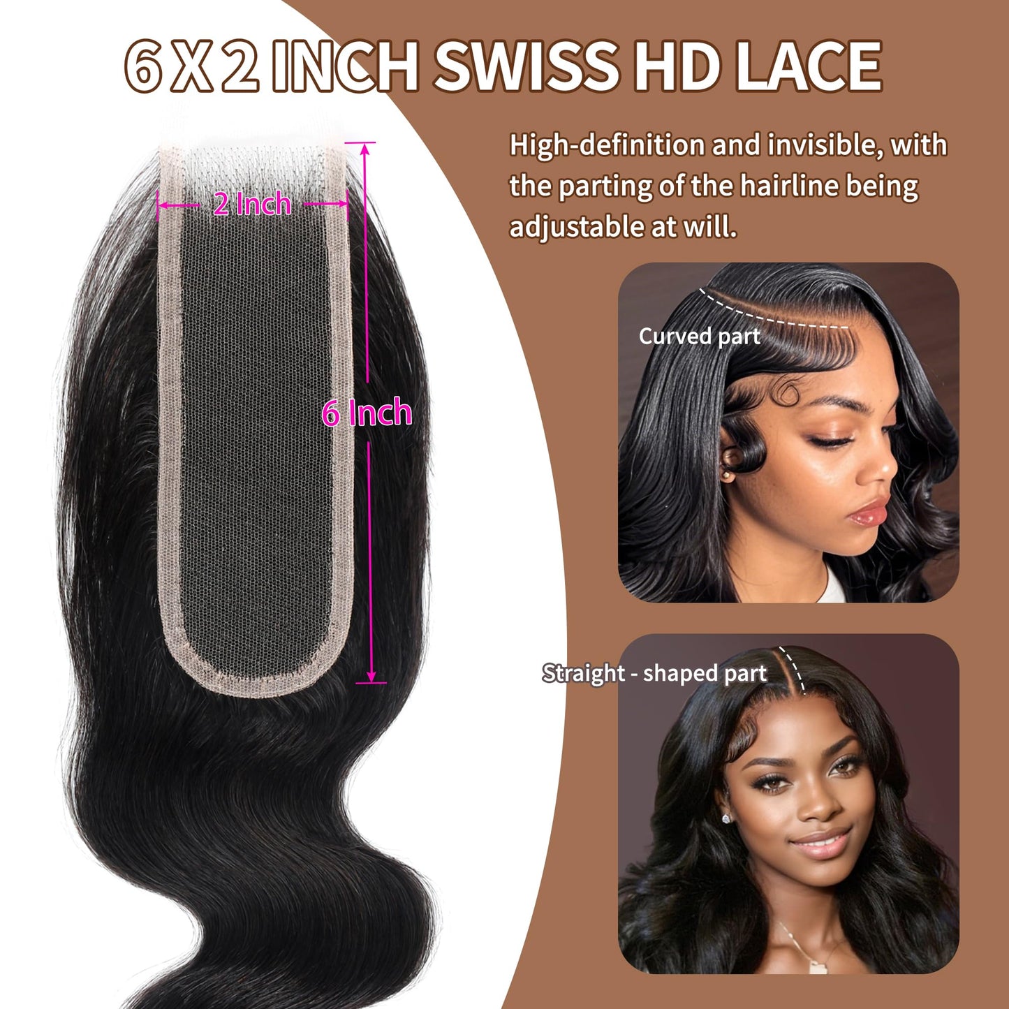 2X6 REAL HD Lace Closure Body Wave Human Hair 0.095mm Ultra-thin Invisible SKINLIKE HD Front Lace Closure Human Hair Pre Plucked Hairline Closure 18inch (Natural Black)