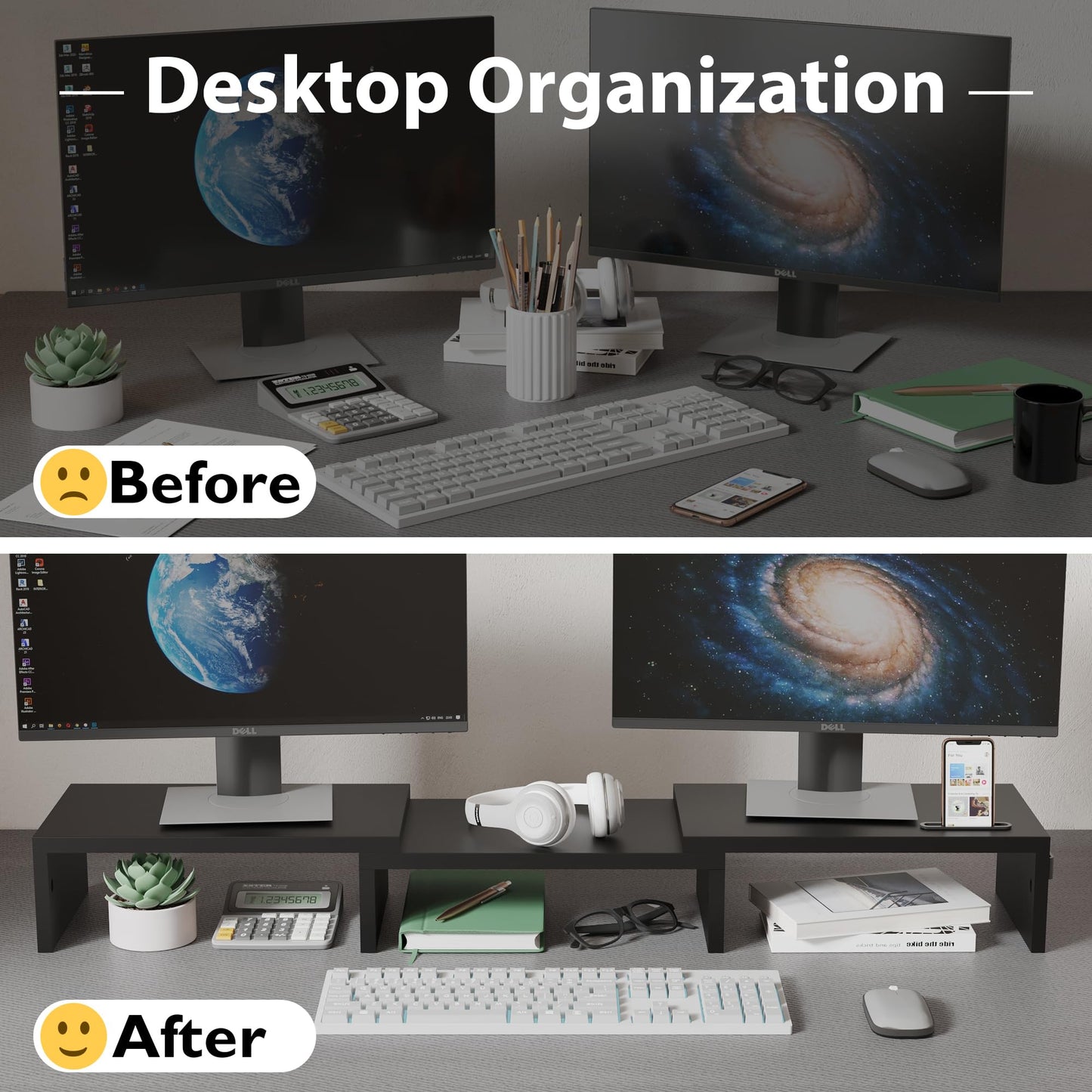 BONTEC Dual Monitor Stand for Desk, Adjustable Length and Angle Monitor Stand Riser with Smartphone Holder, Desk Shelf for Top of Desk, Computer Monitor Stand with Storage, Office Desk Organizer