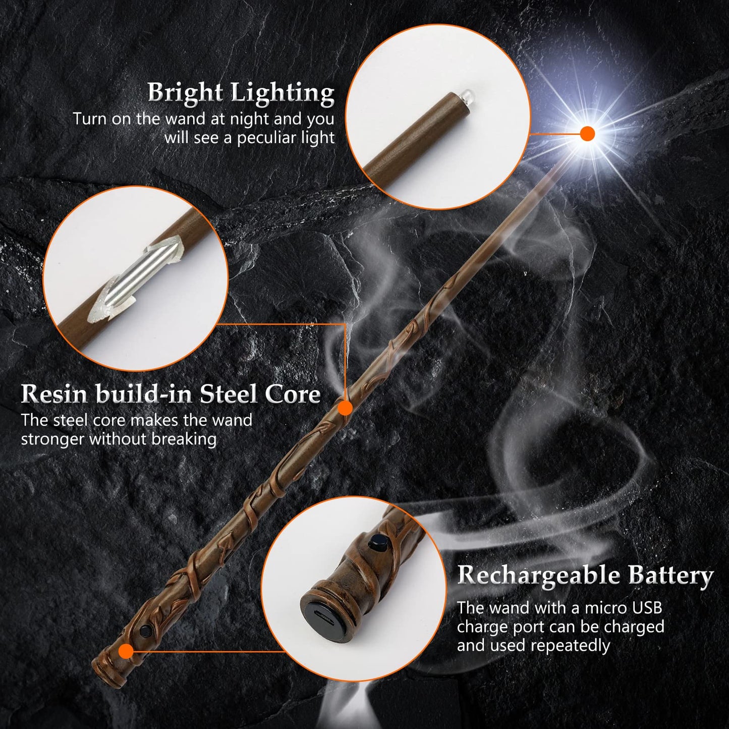 Light Up Magic Wizard Wand Rechargeable Illuminating Toy for Kids Witch Collection Cosplay Accessories (Twine)