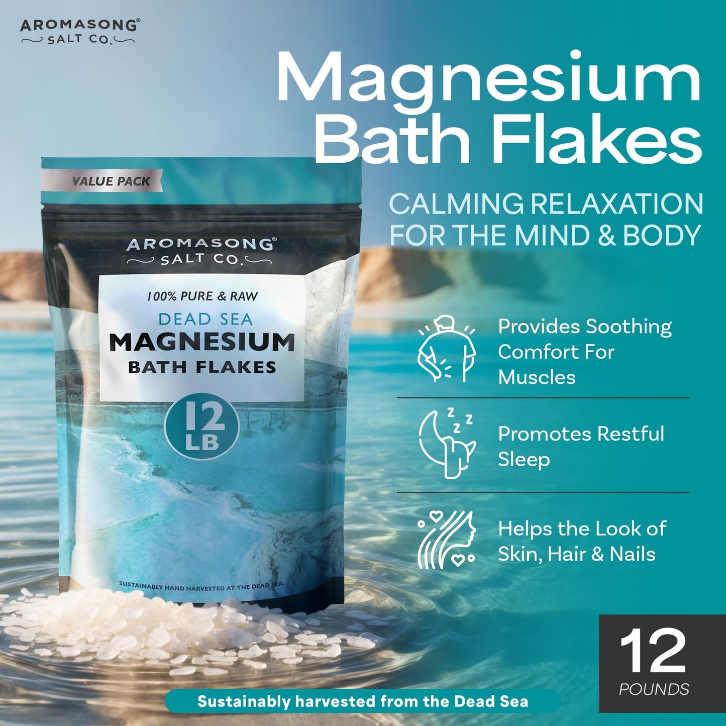 Aromasong Magnesium Flakes, 100% Pure, from The Dead Sea, Highly Concentrated Raw Magnesium Bath Soak, 5443g