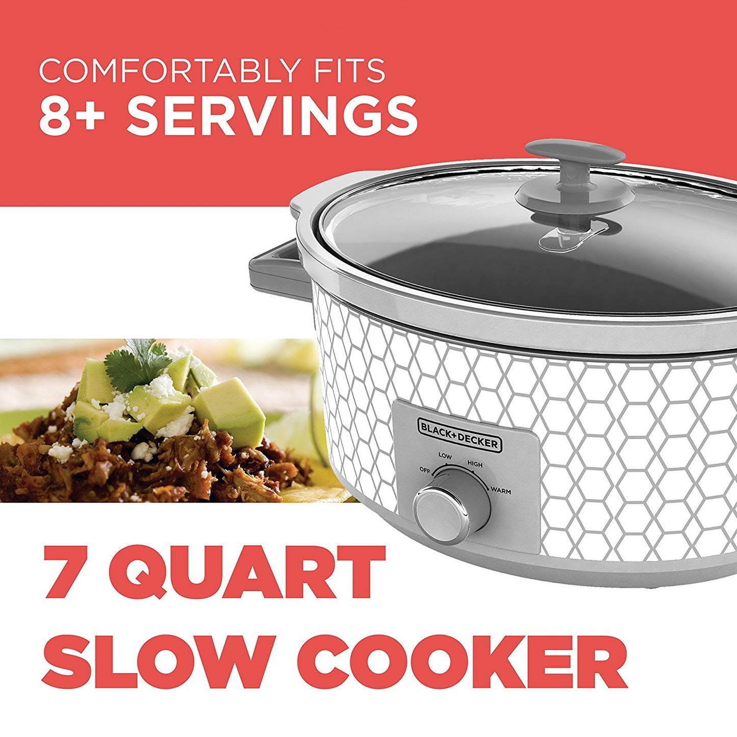 BLACK+DECKER Slow Cooker, 7 Quart (8+ Servings), Dishwasher Safe, Geometric Pattern, White, SC1007D