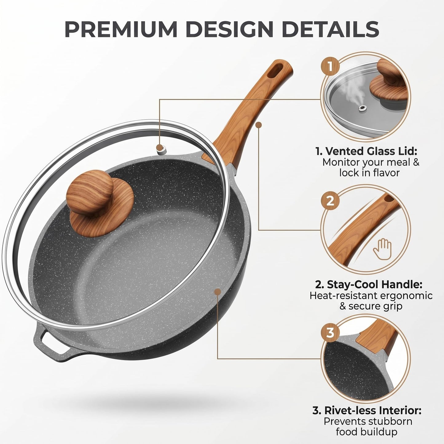 YASHE 12 Inch Nonstick Skillet with Lid, 5 QT Deep Frying Pan, Granite Non Stick Saute Pan with Helper Handle, Large Skillet for Family Meals, Induction Compatible All Stovetops, PFOA/PFOS Free