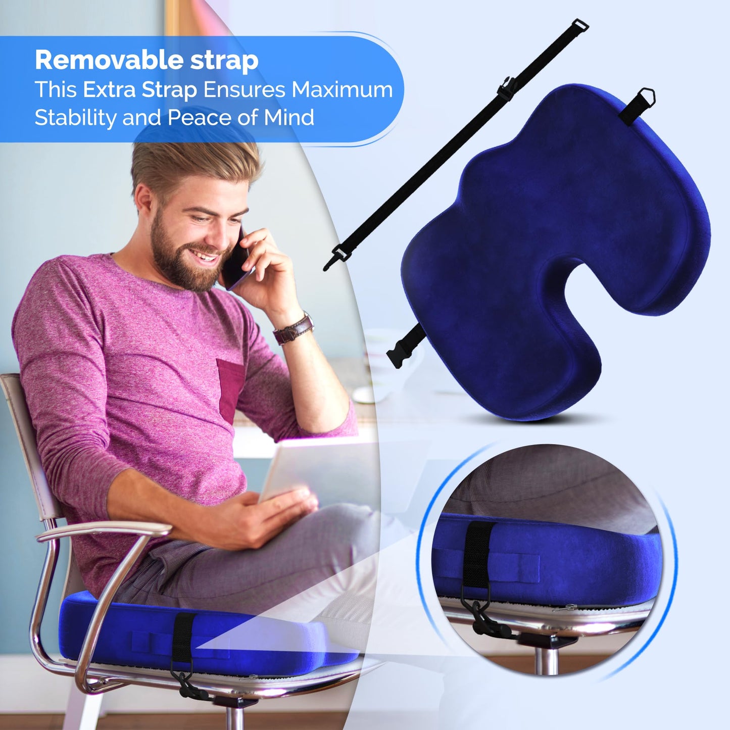 lifelong trusted deal Gel Seat Cushion – Navy Blue Flannel Pillow with Velvet Removable Cover – Ergonomic Sponge Support for Office with Adjustable Strap