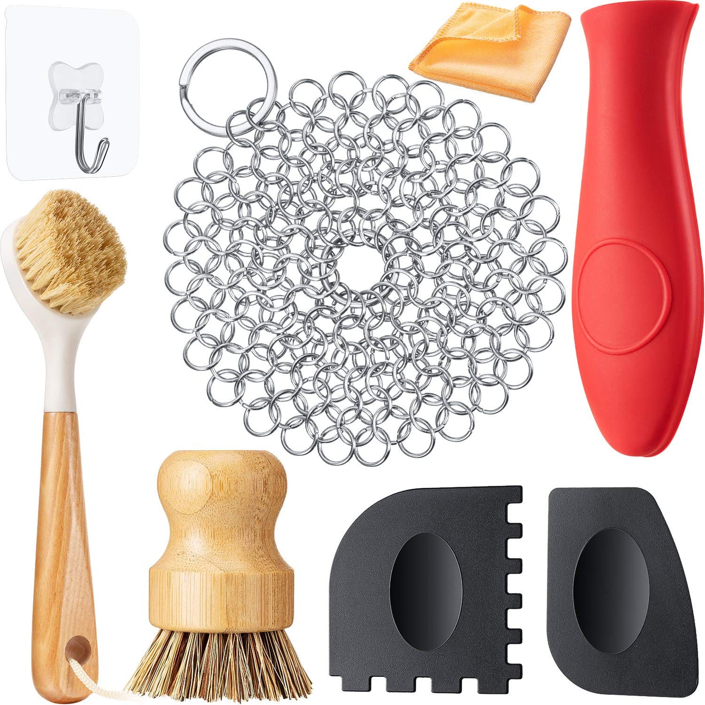 Patelai 8 Pieces Cast Iron Cleaning Kit Skillet Cleaner Set Include Stainless Steel Chainmail Scrubber Bamboo Dish Scrub Brushes Pan Grill Scrapers for Cleaning Pot Pans Skillets Kitchen(Orange)