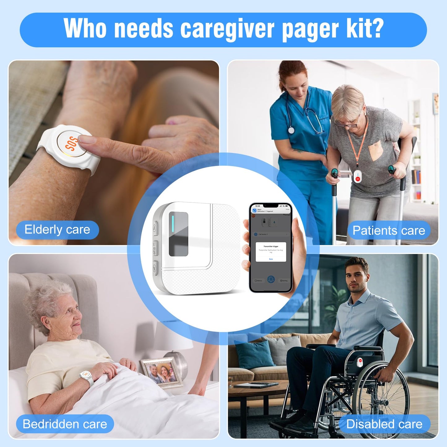 DAYTECH Wireless Caregiver Pager Emergency Button for Seniors WiFi Smart Caregiver Call Button Panic Alert System for Elderly, 1 Receiver 2 Transmitters(Only Supports 2.4GHz Wi-Fi)